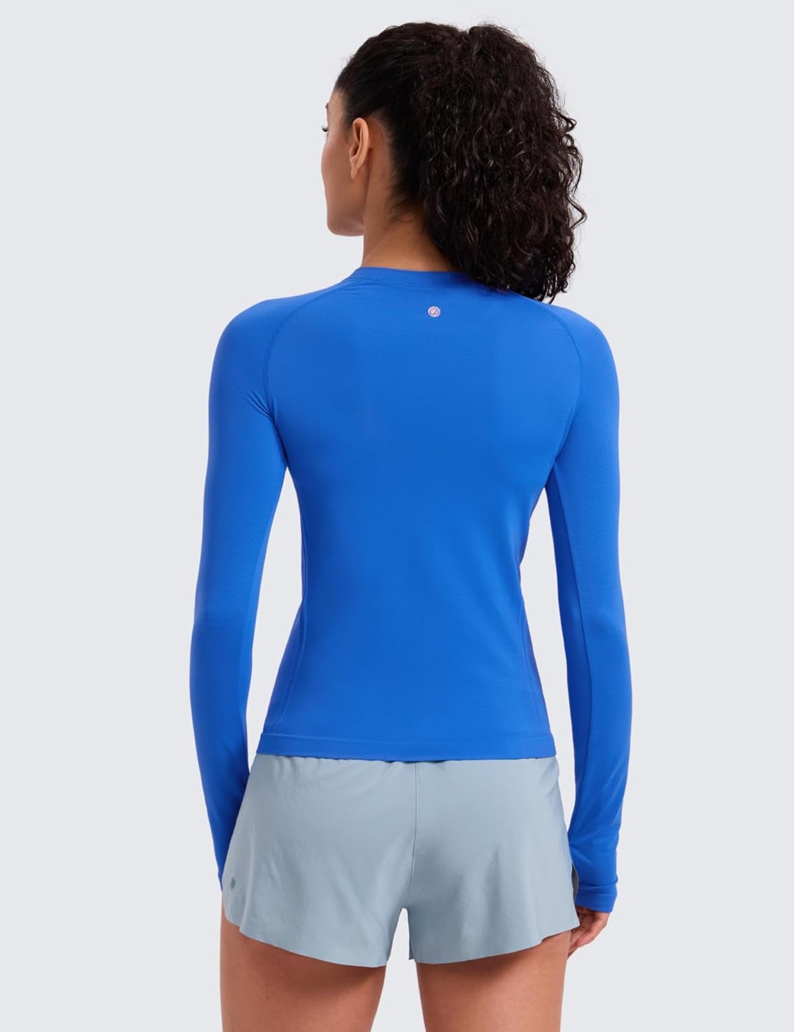 image:imageCRZ YOGA Seamless Long Sleeve Shirts for Women Waist Length Workout Athletic Running Gym Yoga Tops Crewneck BreathableSparkle Blue