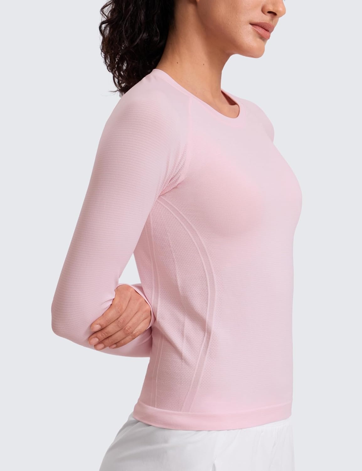 image:imageCRZ YOGA Seamless Long Sleeve Shirts for Women Waist Length Workout Athletic Running Gym Yoga Tops Crewneck BreathableStrawberry Pink