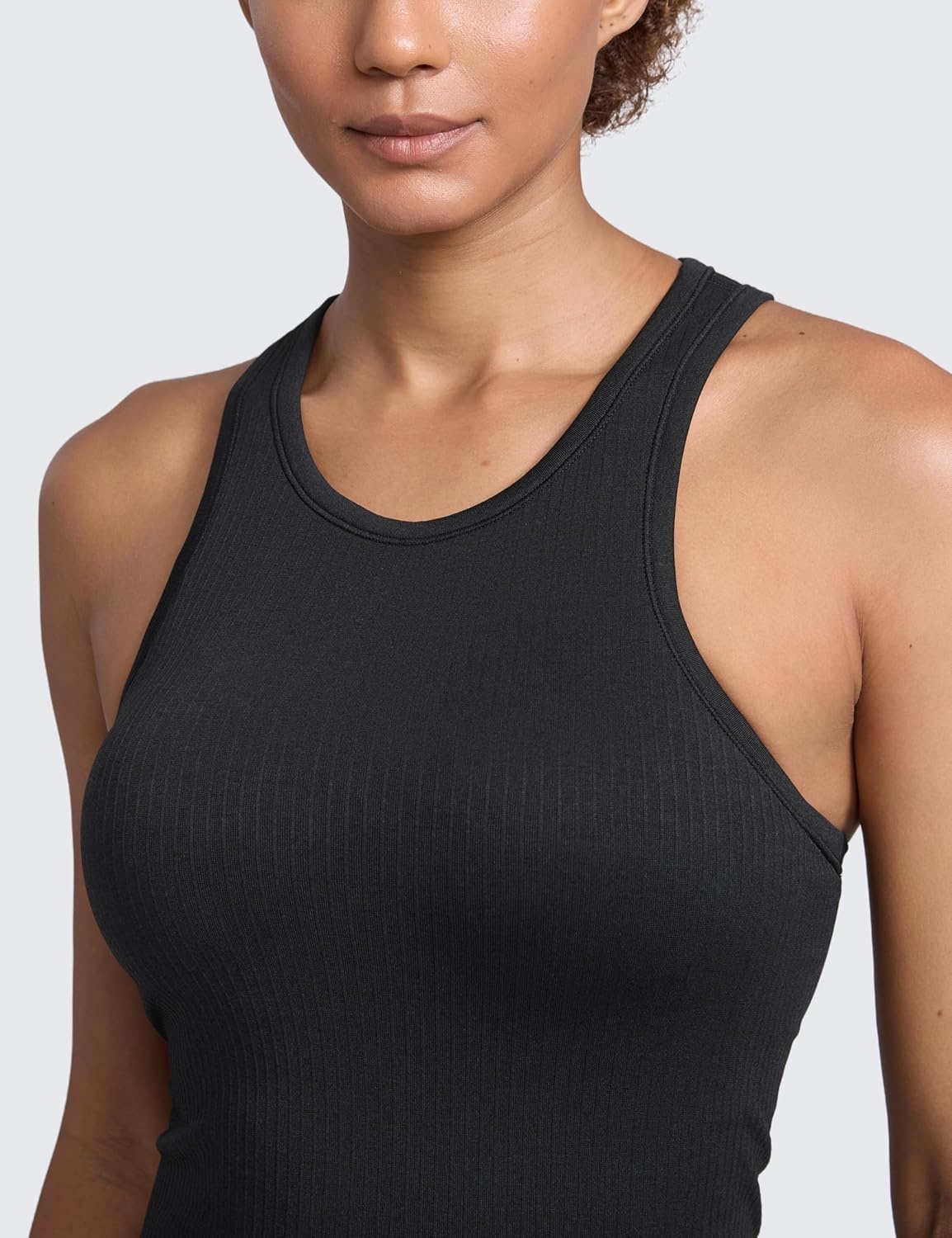 image:imageCRZ YOGA Seamless Ribbed High Neck Tank Top for Women Sleeveless Crop Yoga Workout Shirt with Built in BraBlack