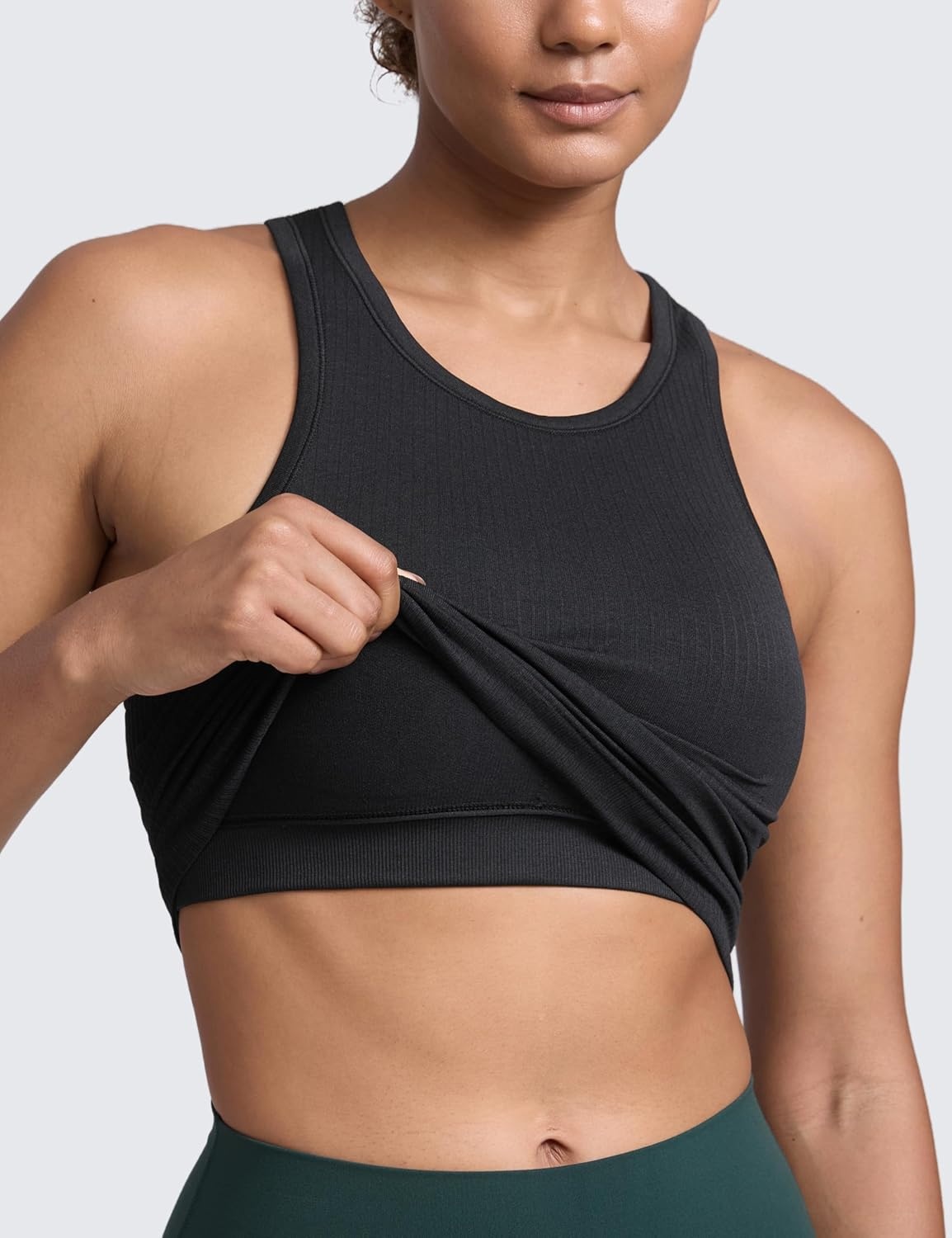 image:imageCRZ YOGA Seamless Ribbed High Neck Tank Top for Women Sleeveless Crop Yoga Workout Shirt with Built in BraBlack