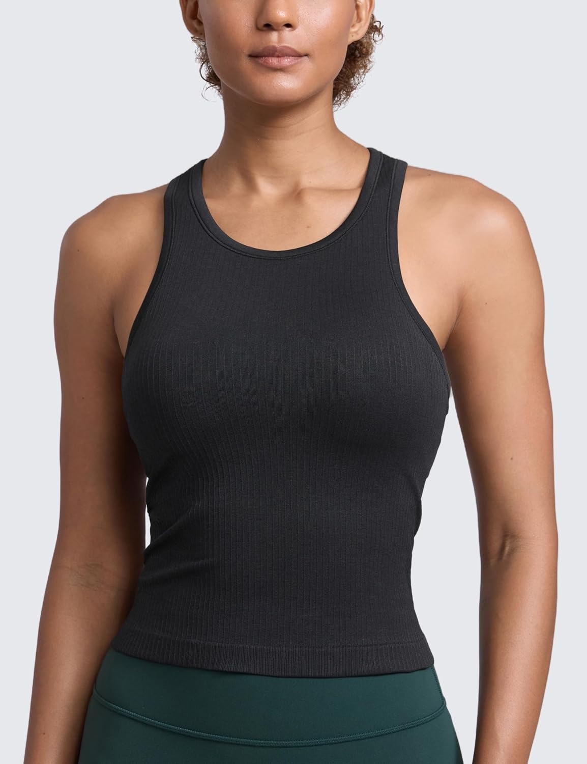 image:imageCRZ YOGA Seamless Ribbed High Neck Tank Top for Women Sleeveless Crop Yoga Workout Shirt with Built in BraBlack