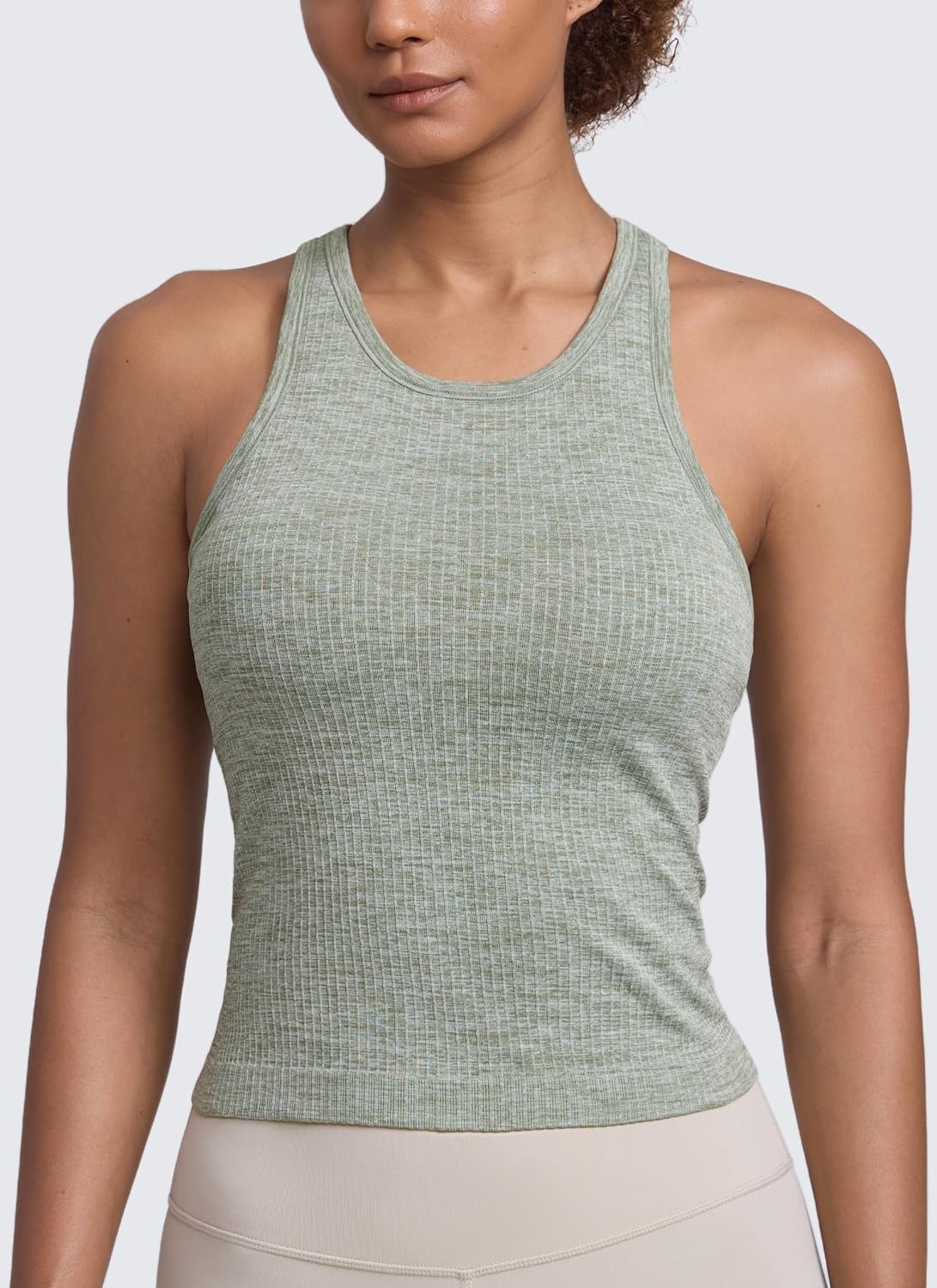 image:imageCRZ YOGA Seamless Ribbed High Neck Tank Top for Women Sleeveless Crop Yoga Workout Shirt with Built in BraDark Green