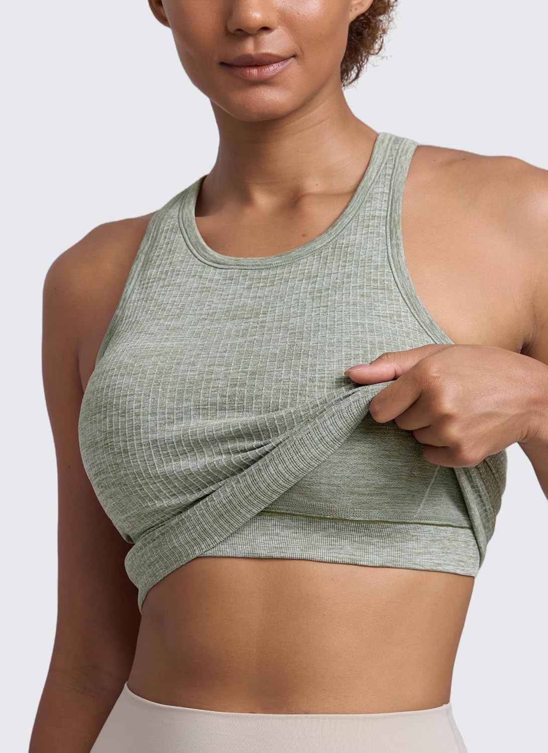 image:imageCRZ YOGA Seamless Ribbed High Neck Tank Top for Women Sleeveless Crop Yoga Workout Shirt with Built in BraDark Green