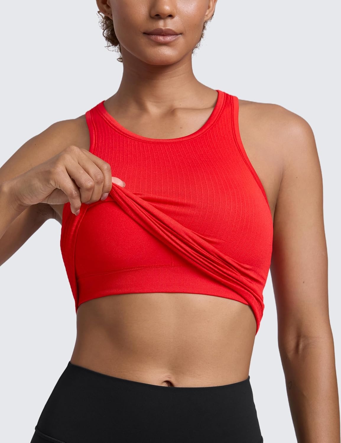 image:imageCRZ YOGA Seamless Ribbed High Neck Tank Top for Women Sleeveless Crop Yoga Workout Shirt with Built in BraDeep Red
