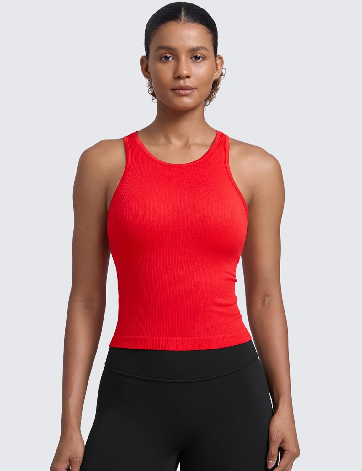 image:imageCRZ YOGA Seamless Ribbed High Neck Tank Top for Women Sleeveless Crop Yoga Workout Shirt with Built in BraDeep Red