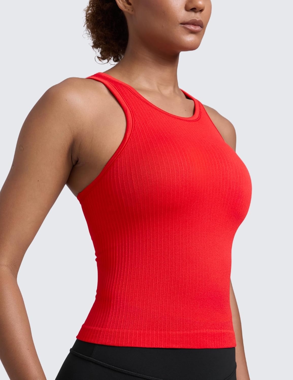 image:imageCRZ YOGA Seamless Ribbed High Neck Tank Top for Women Sleeveless Crop Yoga Workout Shirt with Built in BraDeep Red