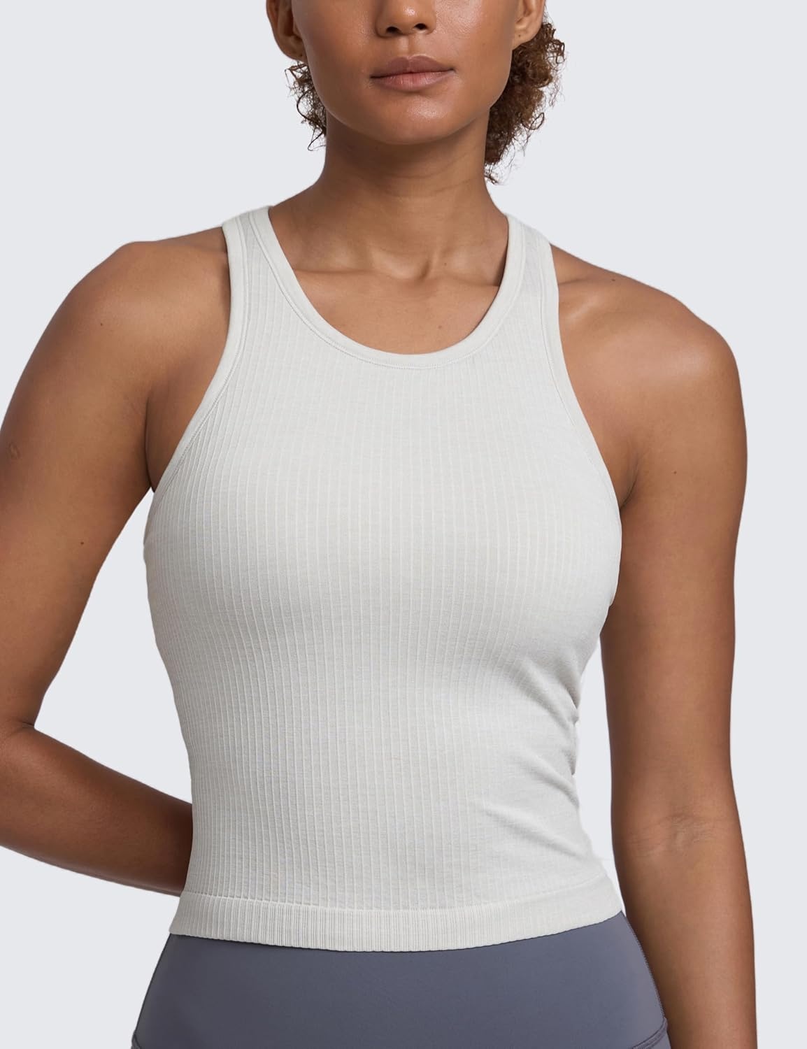 image:imageCRZ YOGA Seamless Ribbed High Neck Tank Top for Women Sleeveless Crop Yoga Workout Shirt with Built in BraLight Grey