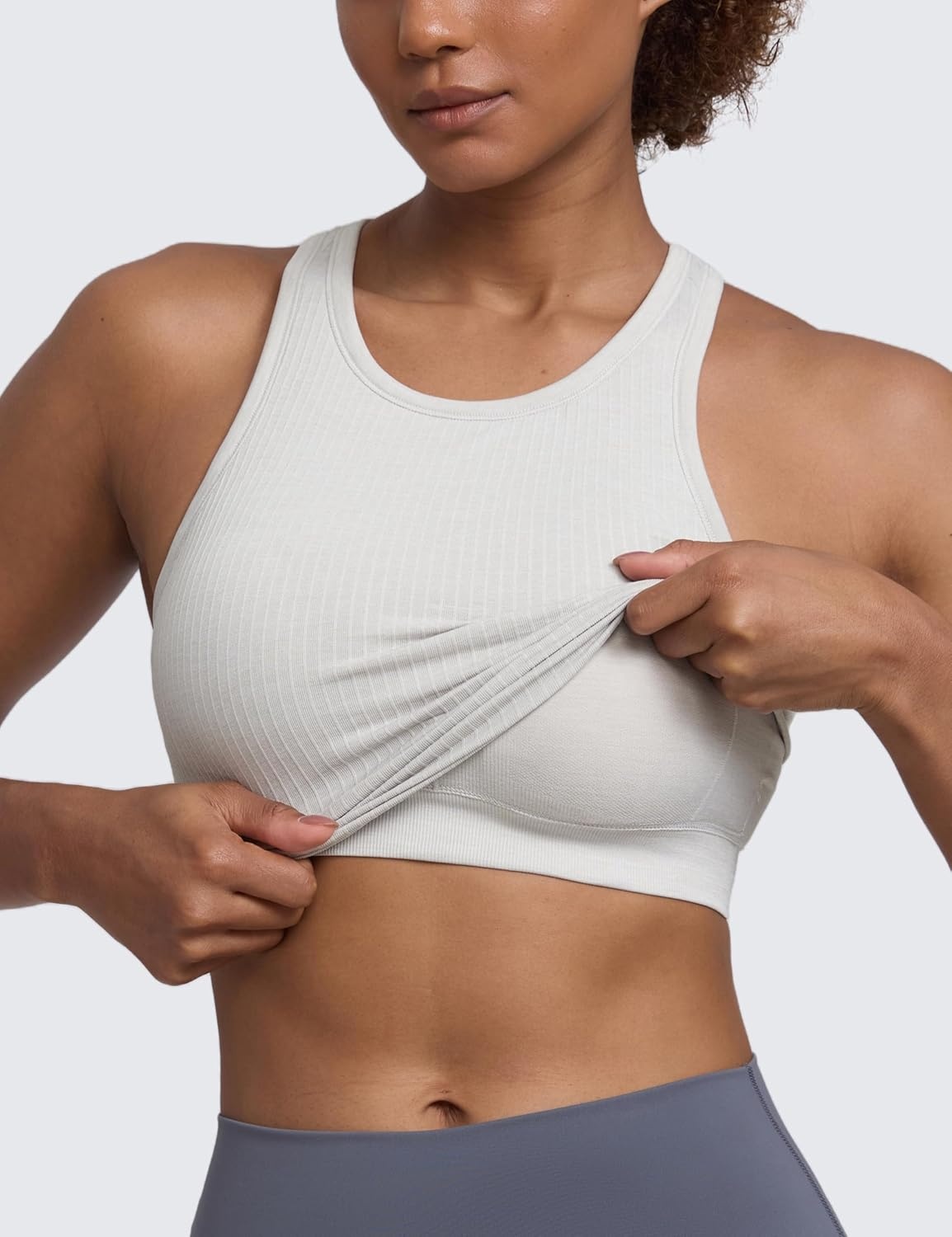 image:imageCRZ YOGA Seamless Ribbed High Neck Tank Top for Women Sleeveless Crop Yoga Workout Shirt with Built in BraLight Grey