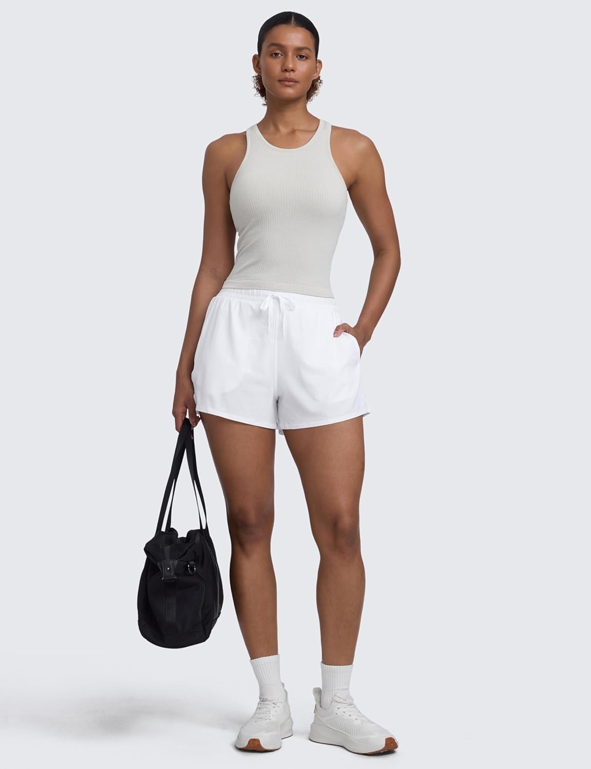 image:imageCRZ YOGA Seamless Ribbed High Neck Tank Top for Women Sleeveless Crop Yoga Workout Shirt with Built in BraLight Grey