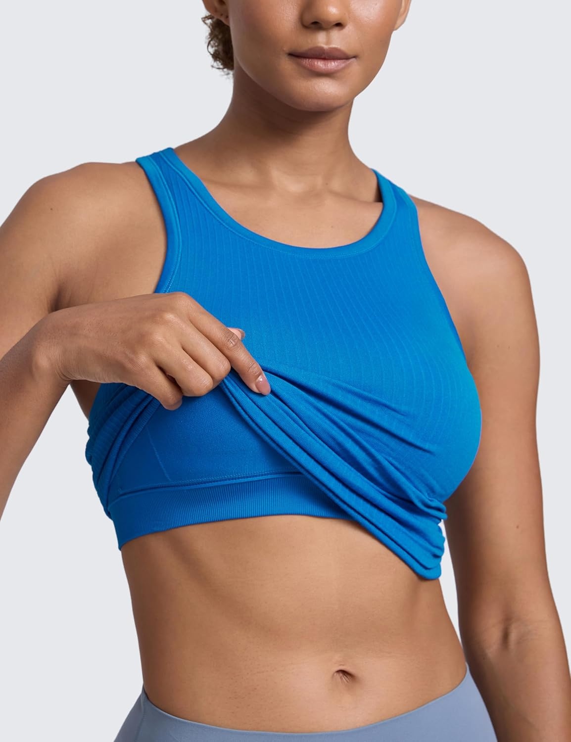 image:imageCRZ YOGA Seamless Ribbed High Neck Tank Top for Women Sleeveless Crop Yoga Workout Shirt with Built in BraSparkle Blue