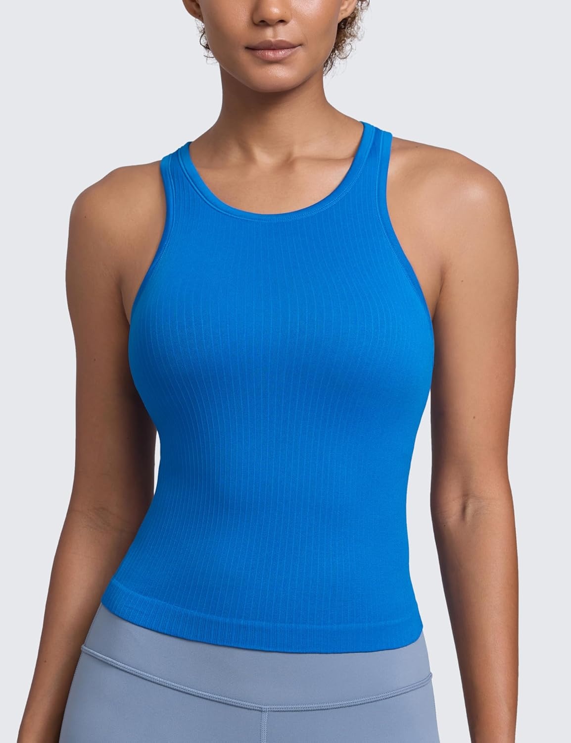 image:imageCRZ YOGA Seamless Ribbed High Neck Tank Top for Women Sleeveless Crop Yoga Workout Shirt with Built in BraSparkle Blue