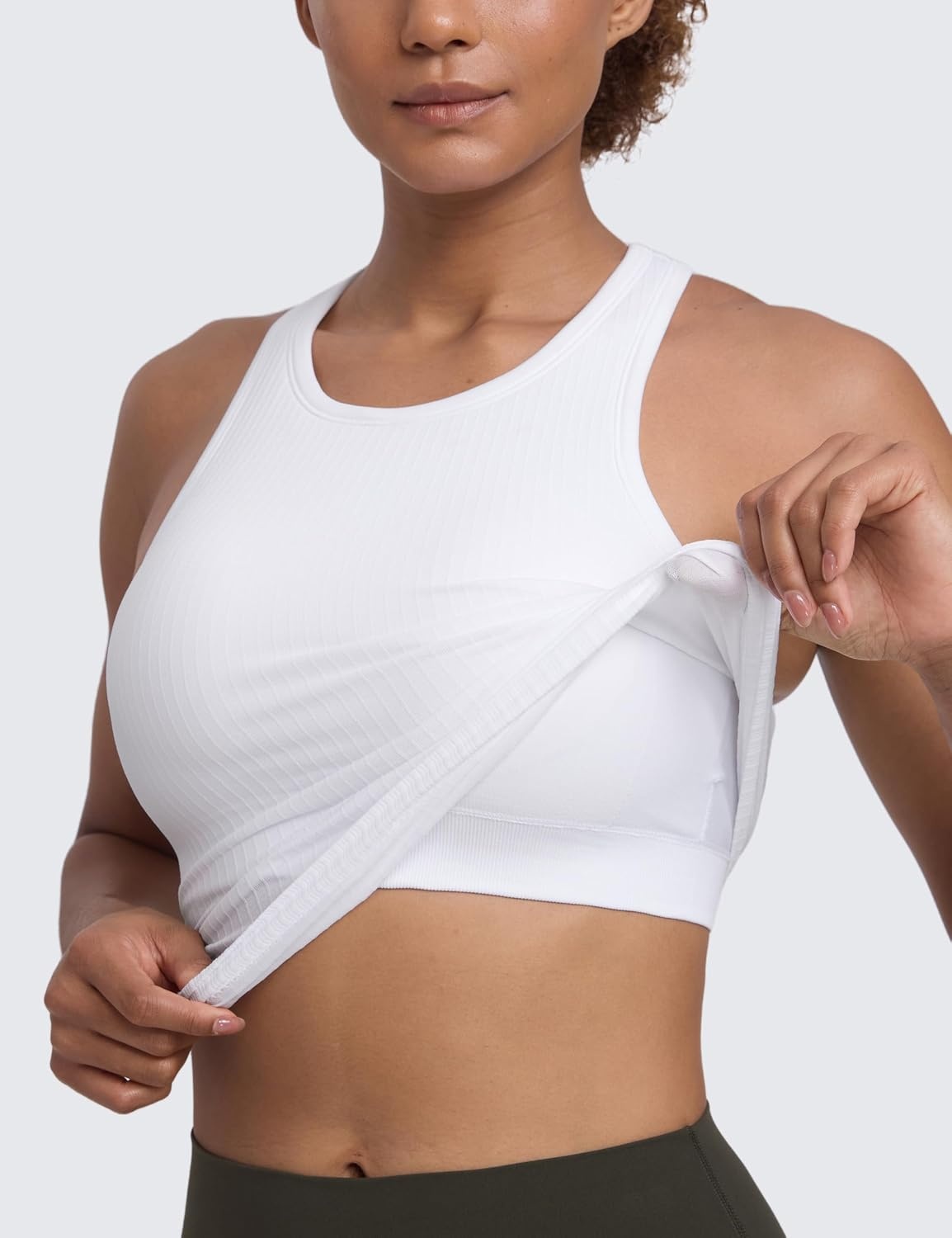 image:imageCRZ YOGA Seamless Ribbed High Neck Tank Top for Women Sleeveless Crop Yoga Workout Shirt with Built in BraWhite