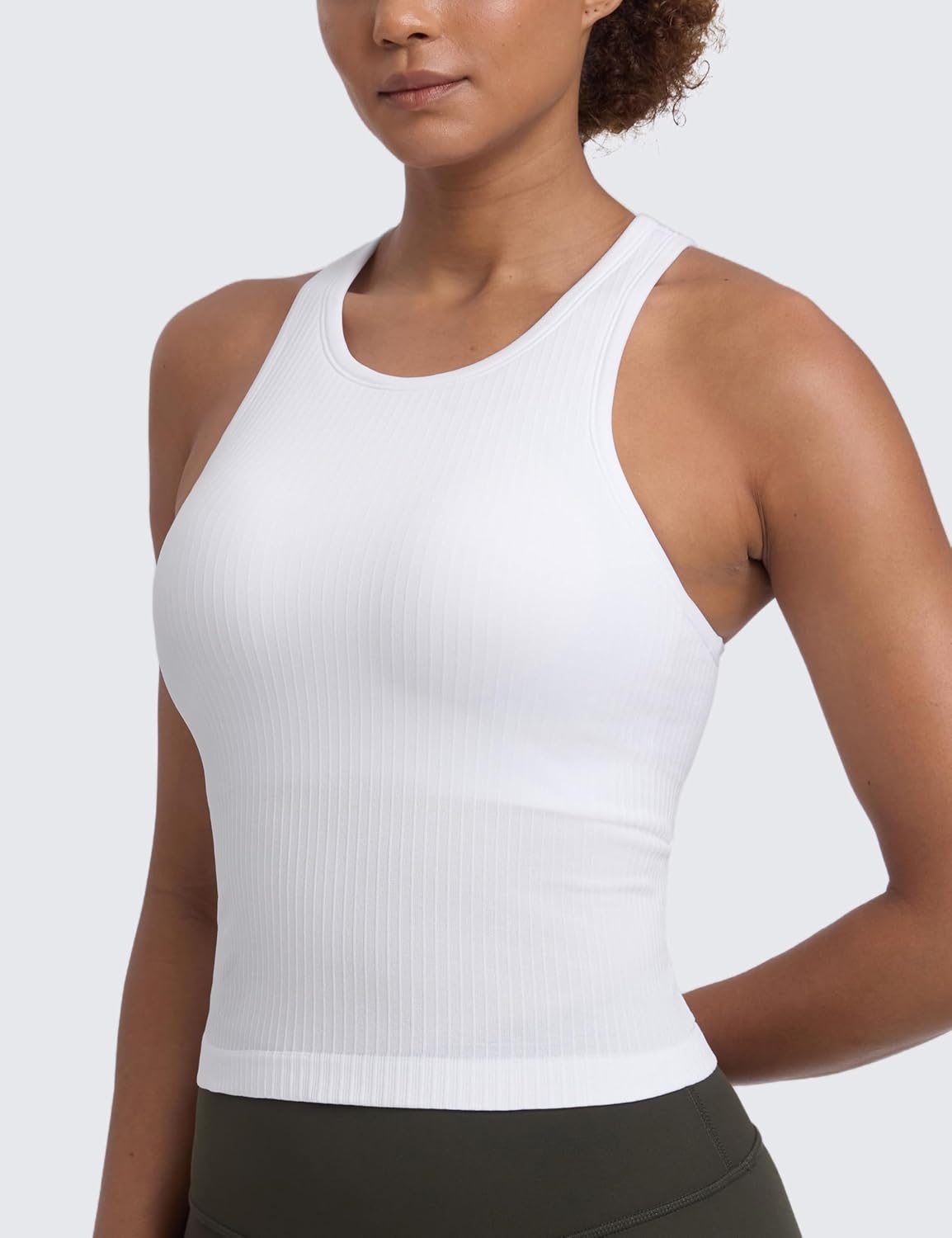 image:imageCRZ YOGA Seamless Ribbed High Neck Tank Top for Women Sleeveless Crop Yoga Workout Shirt with Built in BraWhite