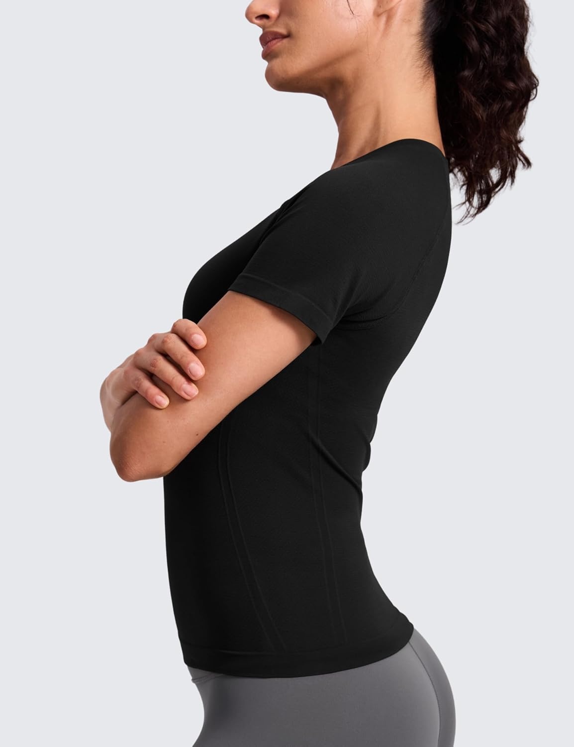 image:imageCRZ YOGA Seamless Workout Tops for Women Waist Length Running Gym Athletic Yoga Short Sleeve Shirts Breathable CrewneckBlack
