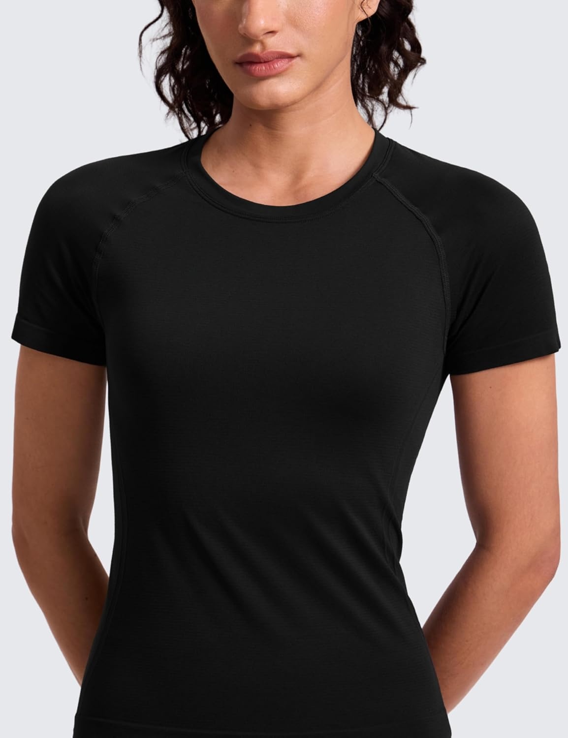 image:imageCRZ YOGA Seamless Workout Tops for Women Waist Length Running Gym Athletic Yoga Short Sleeve Shirts Breathable CrewneckBlack