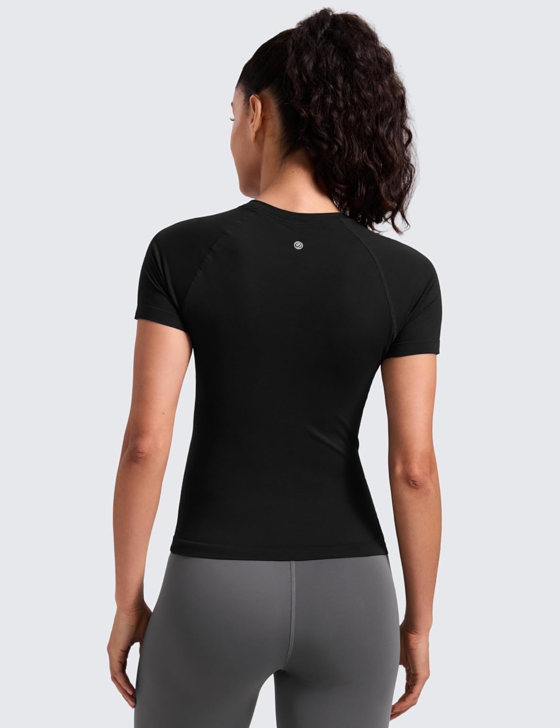 image:imageCRZ YOGA Seamless Workout Tops for Women Waist Length Running Gym Athletic Yoga Short Sleeve Shirts Breathable CrewneckBlack