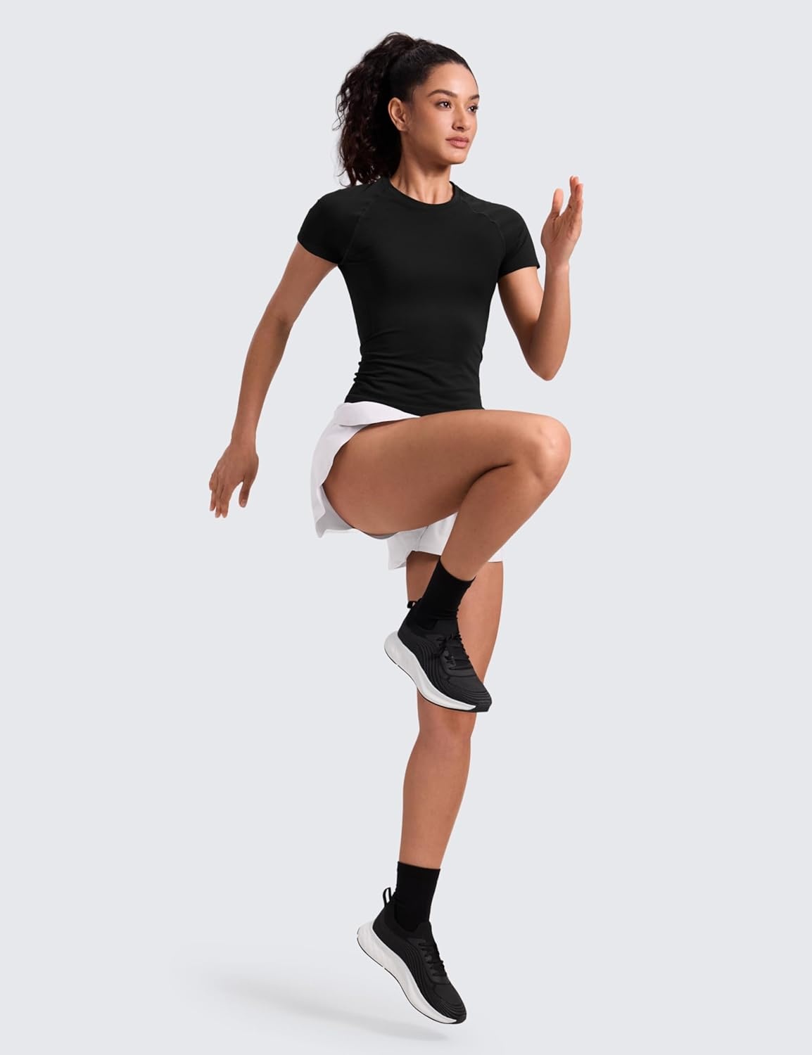 image:imageCRZ YOGA Seamless Workout Tops for Women Waist Length Running Gym Athletic Yoga Short Sleeve Shirts Breathable CrewneckBlack