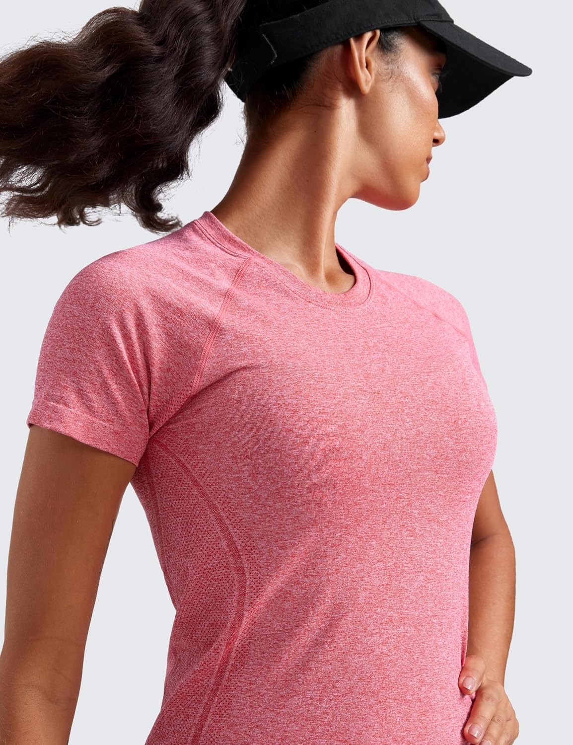 image:imageCRZ YOGA Seamless Workout Tops for Women Waist Length Running Gym Athletic Yoga Short Sleeve Shirts Breathable CrewneckDeep Red Heather