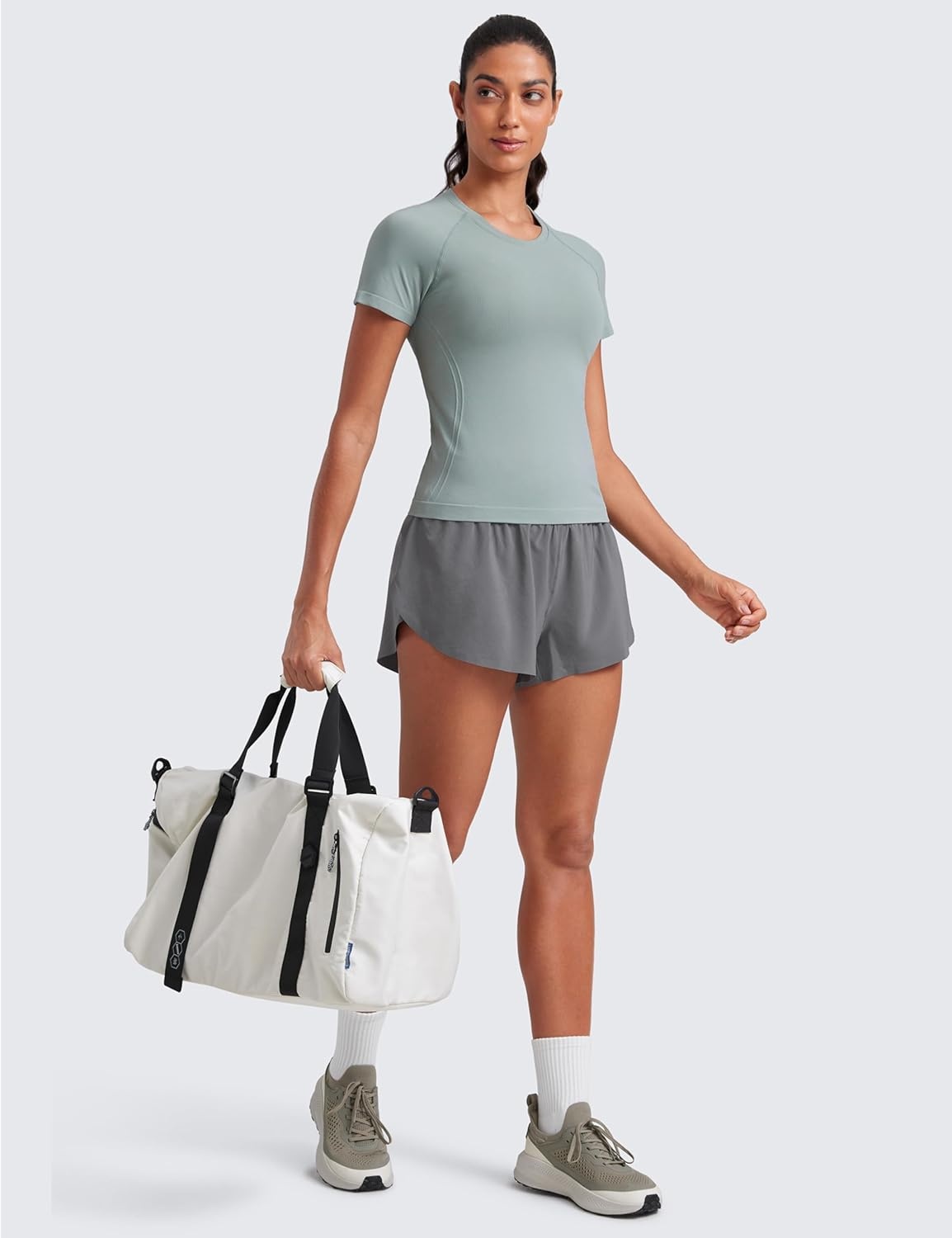image:imageCRZ YOGA Seamless Workout Tops for Women Waist Length Running Gym Athletic Yoga Short Sleeve Shirts Breathable CrewneckGreen Palm Court