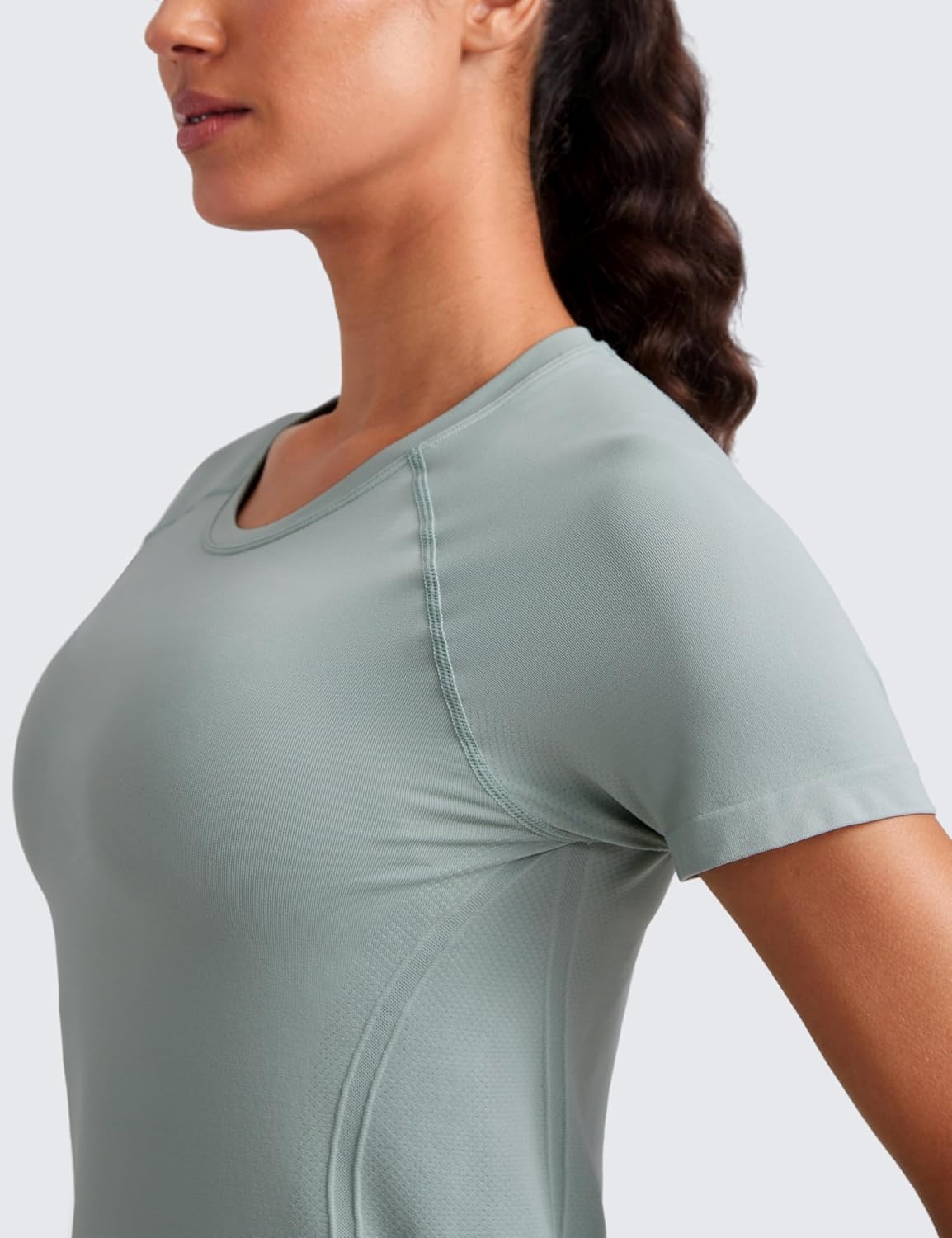 image:imageCRZ YOGA Seamless Workout Tops for Women Waist Length Running Gym Athletic Yoga Short Sleeve Shirts Breathable CrewneckGreen Palm Court
