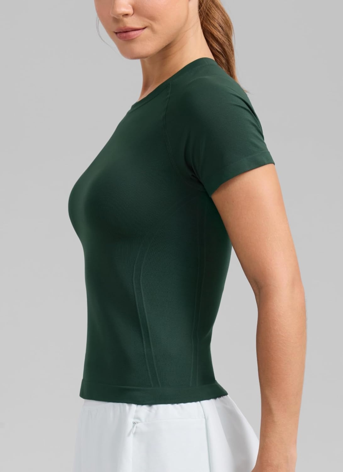 image:imageCRZ YOGA Seamless Workout Tops for Women Waist Length Running Gym Athletic Yoga Short Sleeve Shirts Breathable CrewneckLegend Green