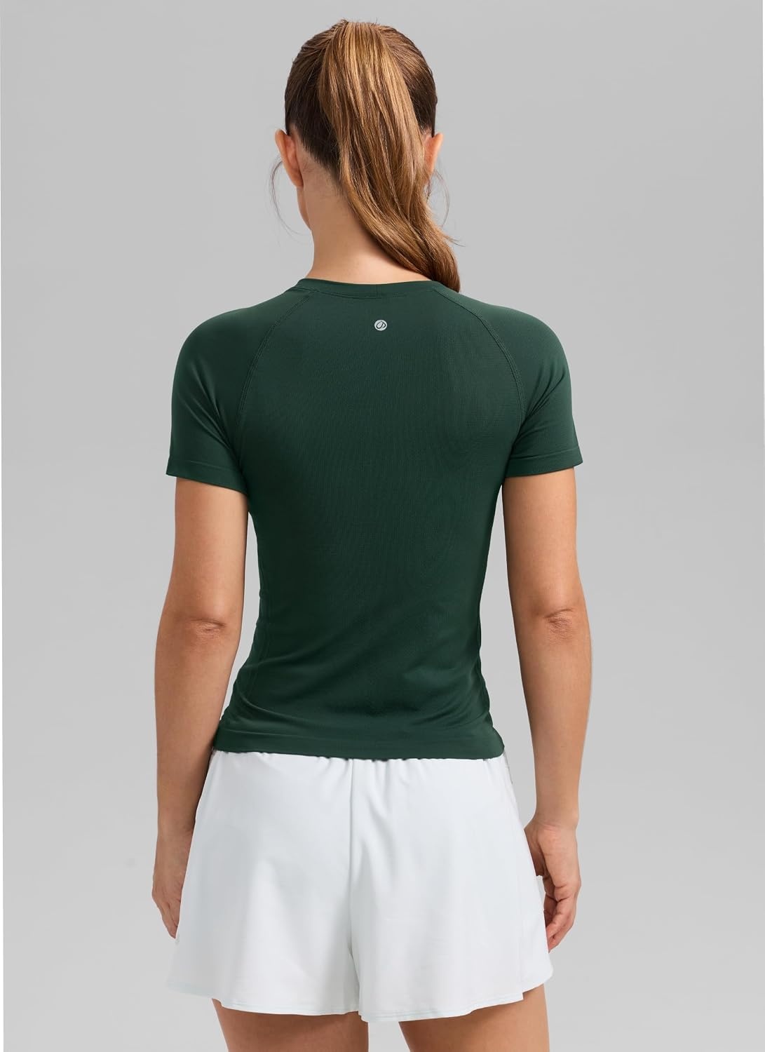 image:imageCRZ YOGA Seamless Workout Tops for Women Waist Length Running Gym Athletic Yoga Short Sleeve Shirts Breathable CrewneckLegend Green