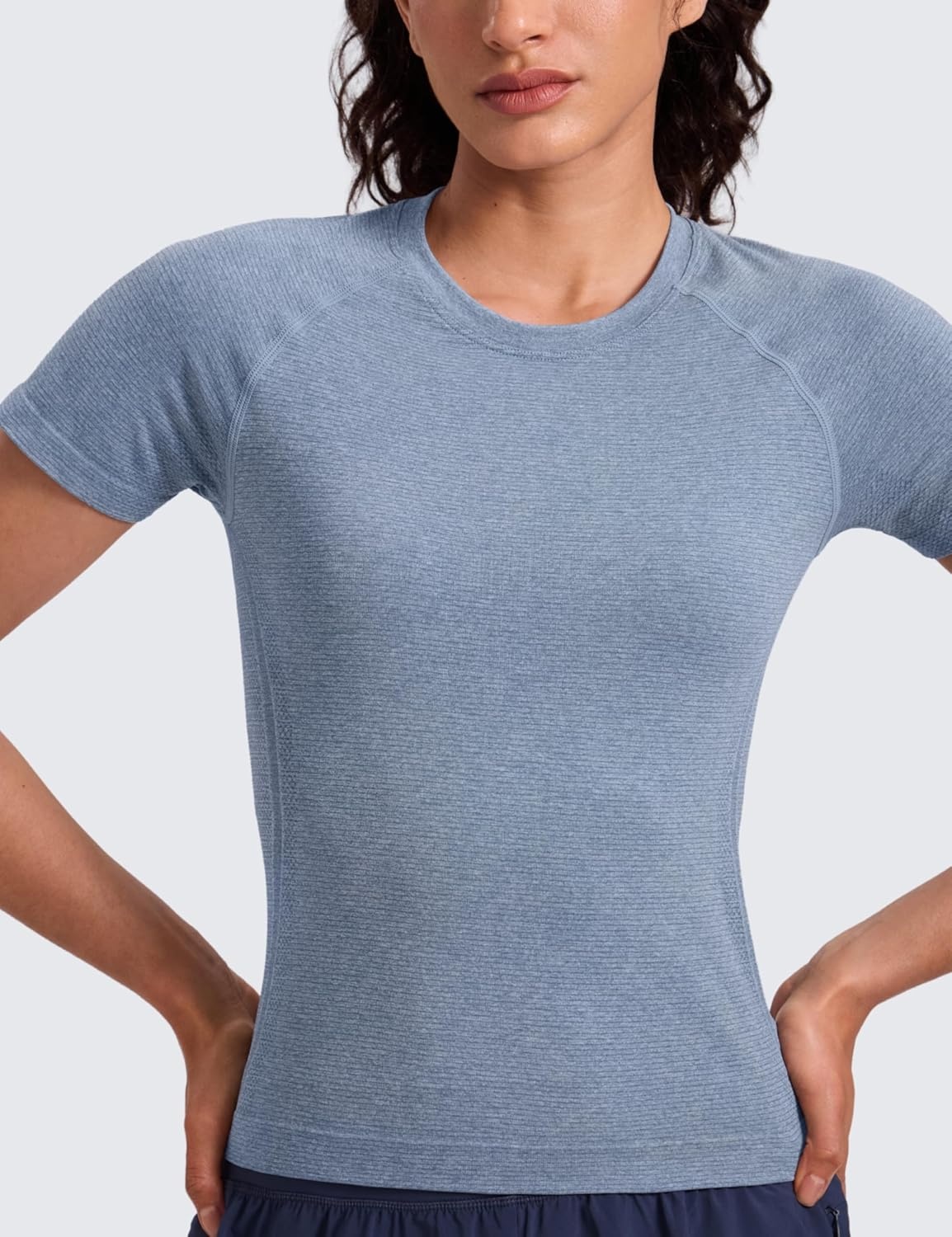 image:imageCRZ YOGA Seamless Workout Tops for Women Waist Length Running Gym Athletic Yoga Short Sleeve Shirts Breathable CrewneckOasis Blue Heather