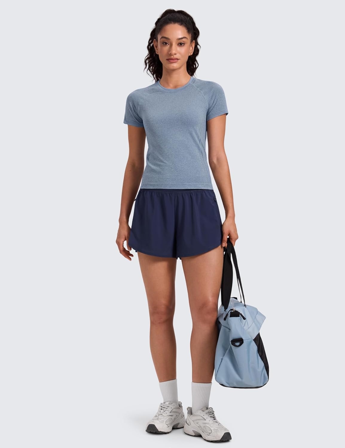 image:imageCRZ YOGA Seamless Workout Tops for Women Waist Length Running Gym Athletic Yoga Short Sleeve Shirts Breathable CrewneckOasis Blue Heather