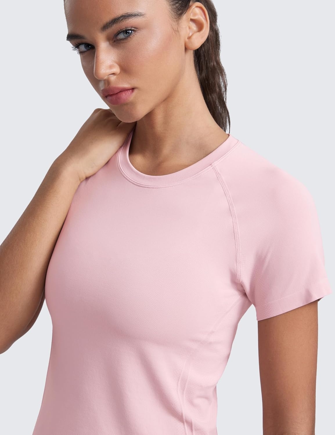 image:imageCRZ YOGA Seamless Workout Tops for Women Waist Length Running Gym Athletic Yoga Short Sleeve Shirts Breathable CrewneckRose Blush