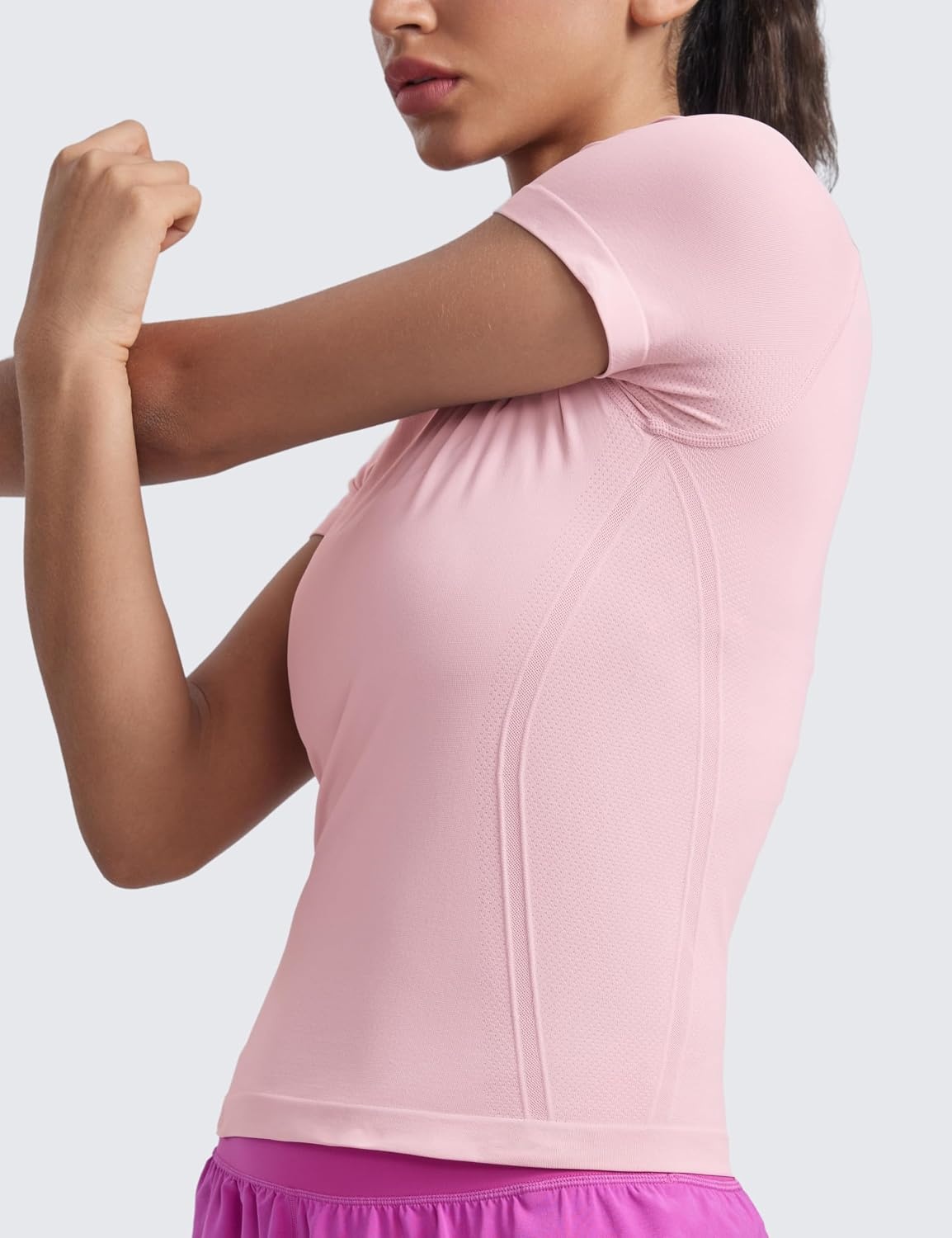 image:imageCRZ YOGA Seamless Workout Tops for Women Waist Length Running Gym Athletic Yoga Short Sleeve Shirts Breathable CrewneckRose Blush