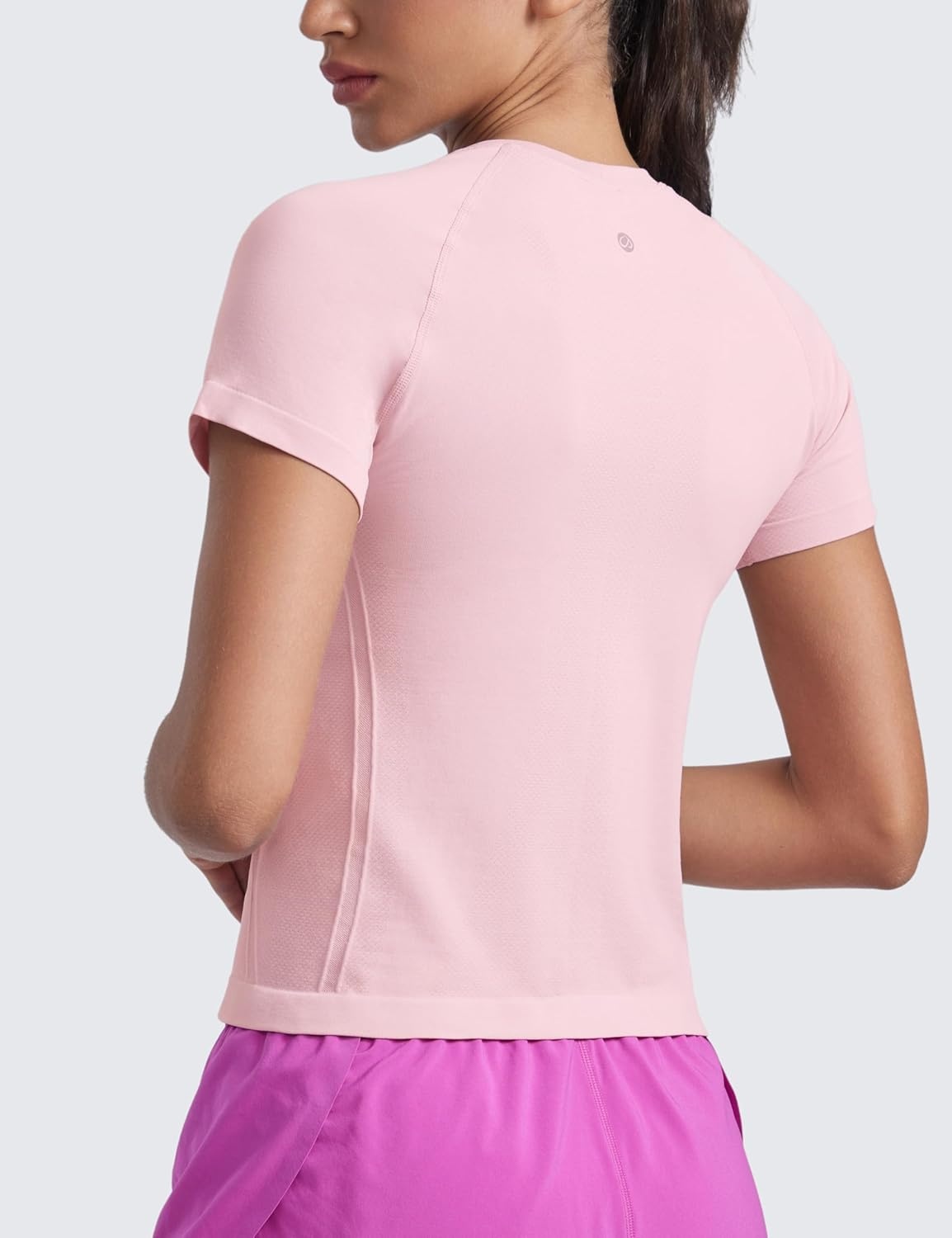 image:imageCRZ YOGA Seamless Workout Tops for Women Waist Length Running Gym Athletic Yoga Short Sleeve Shirts Breathable CrewneckRose Blush