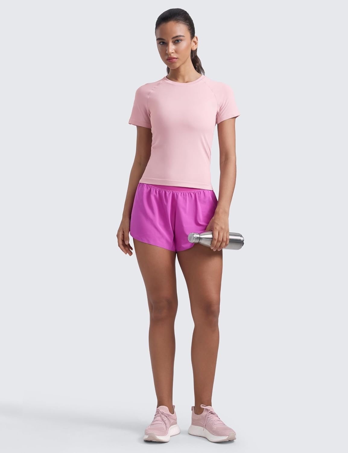 image:imageCRZ YOGA Seamless Workout Tops for Women Waist Length Running Gym Athletic Yoga Short Sleeve Shirts Breathable CrewneckRose Blush