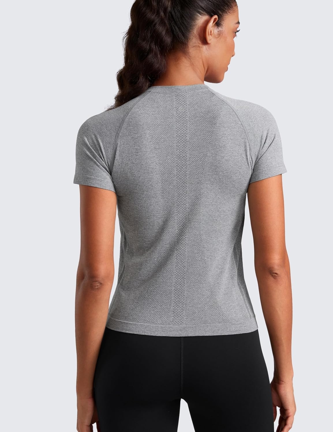 image:imageCRZ YOGA Seamless Workout Tops for Women Waist Length Running Gym Athletic Yoga Short Sleeve Shirts Breathable CrewneckSlate Grey Marl
