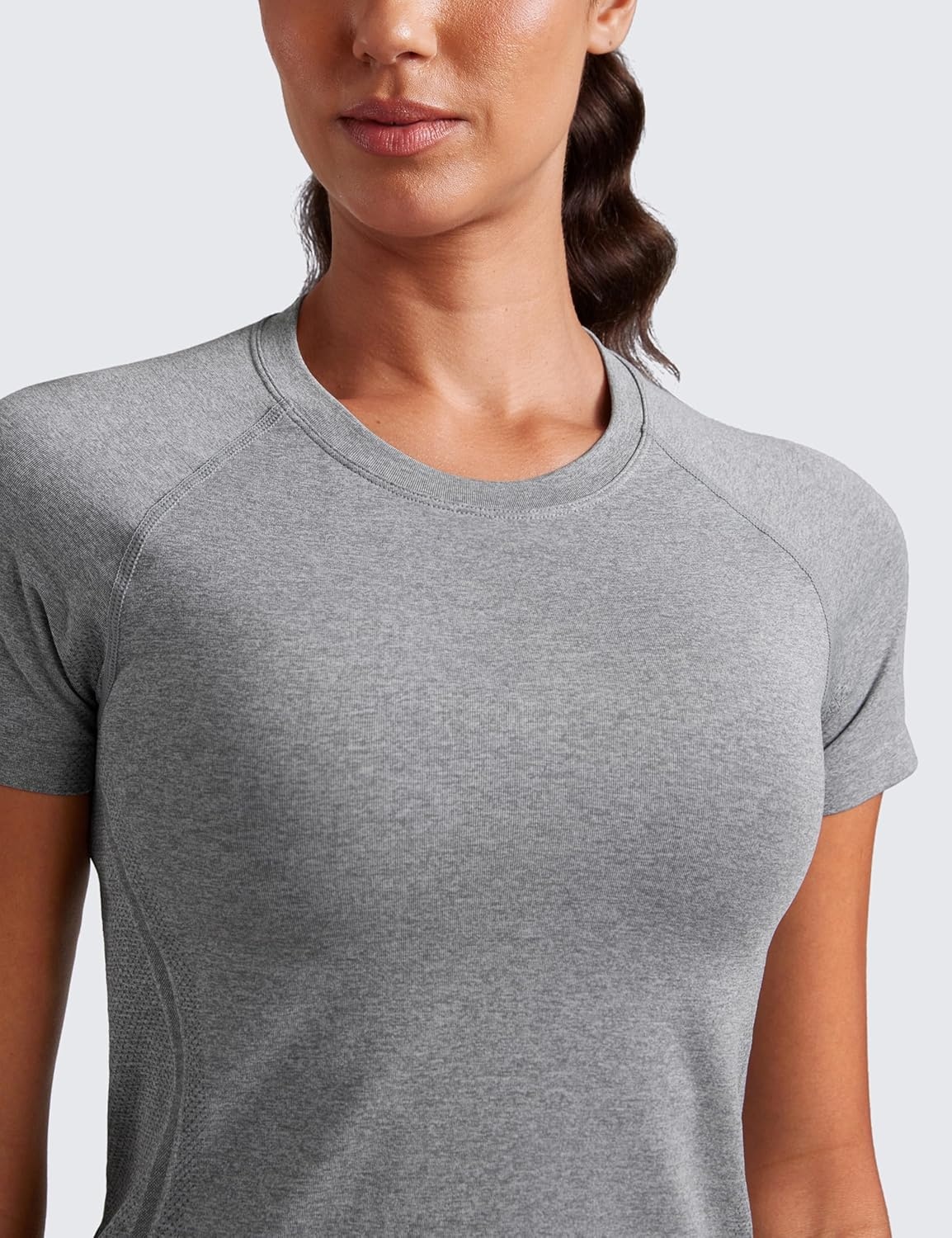 image:imageCRZ YOGA Seamless Workout Tops for Women Waist Length Running Gym Athletic Yoga Short Sleeve Shirts Breathable CrewneckSlate Grey Marl