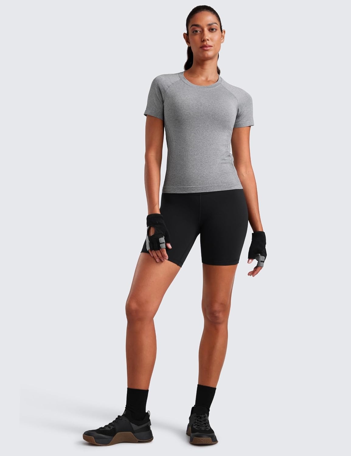image:imageCRZ YOGA Seamless Workout Tops for Women Waist Length Running Gym Athletic Yoga Short Sleeve Shirts Breathable CrewneckSlate Grey Marl