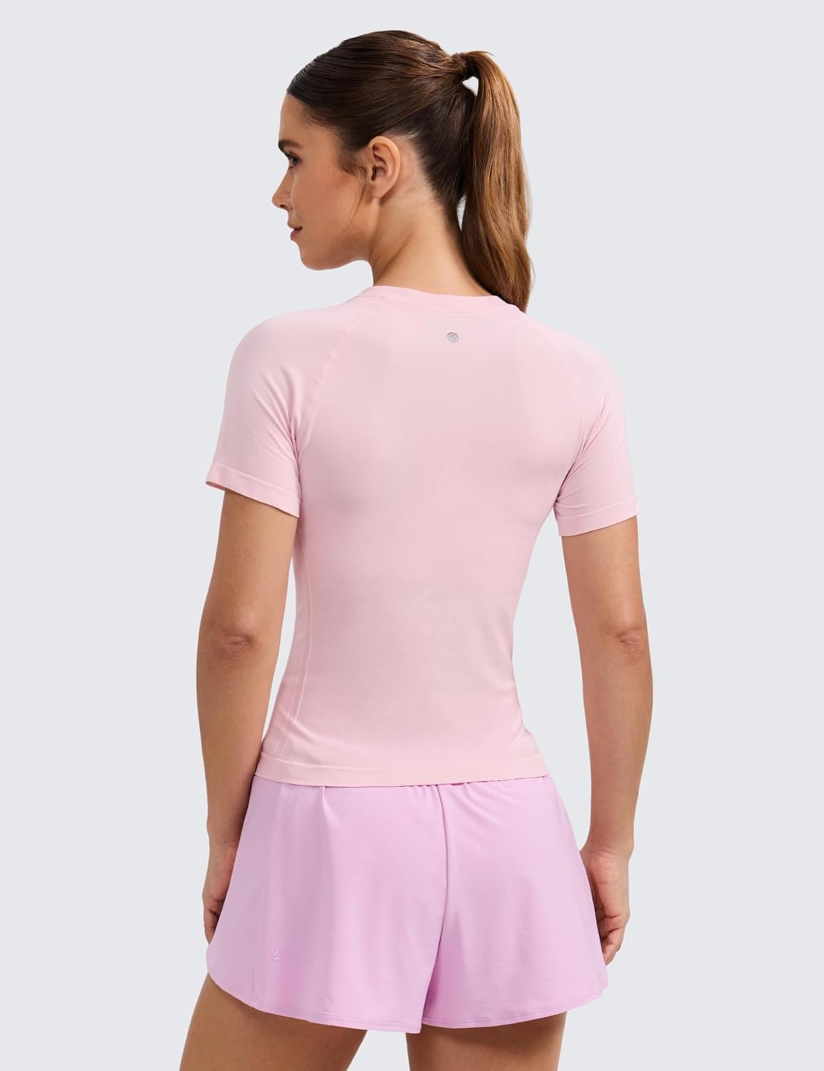 image:imageCRZ YOGA Seamless Workout Tops for Women Waist Length Running Gym Athletic Yoga Short Sleeve Shirts Breathable CrewneckStrawberry Pink