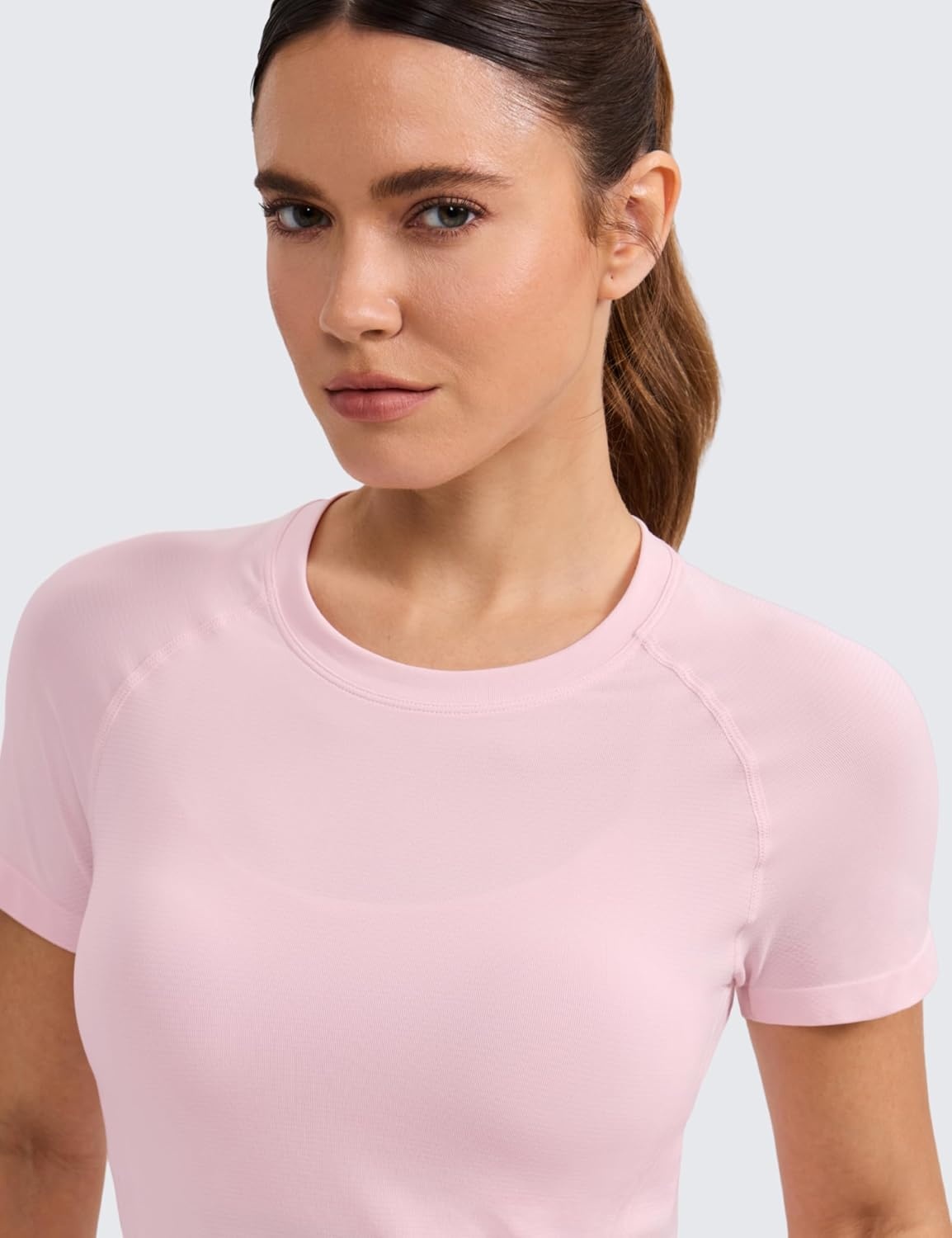 image:imageCRZ YOGA Seamless Workout Tops for Women Waist Length Running Gym Athletic Yoga Short Sleeve Shirts Breathable CrewneckStrawberry Pink