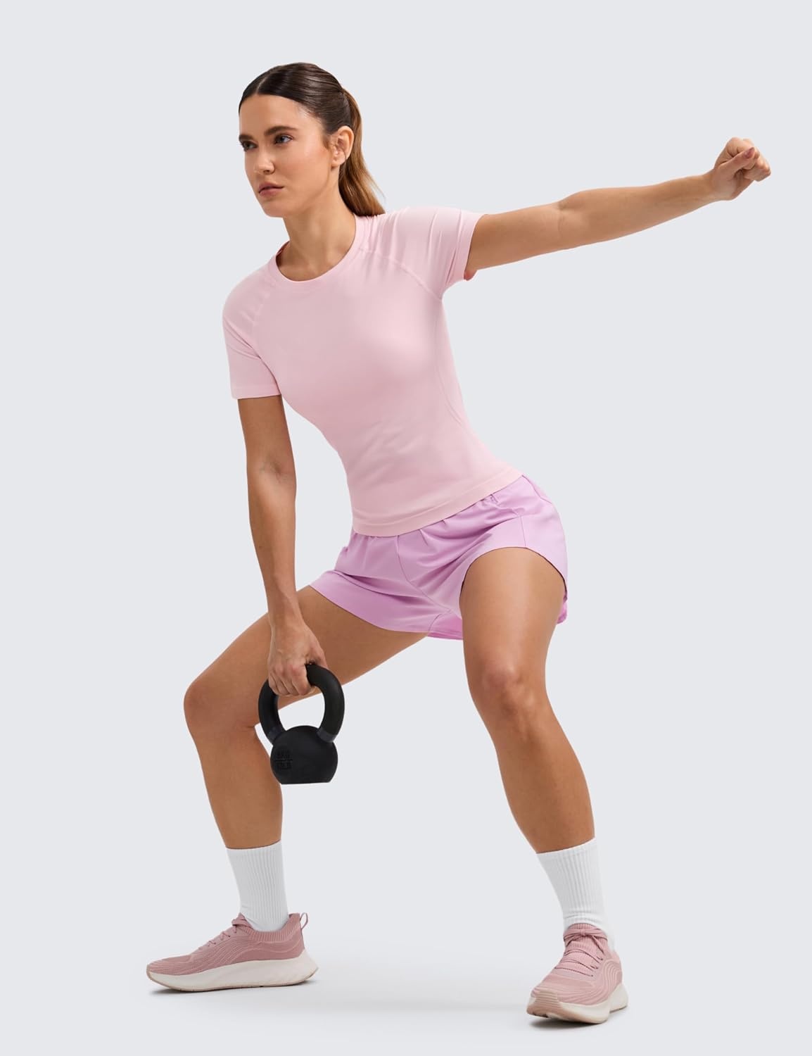 image:imageCRZ YOGA Seamless Workout Tops for Women Waist Length Running Gym Athletic Yoga Short Sleeve Shirts Breathable CrewneckStrawberry Pink