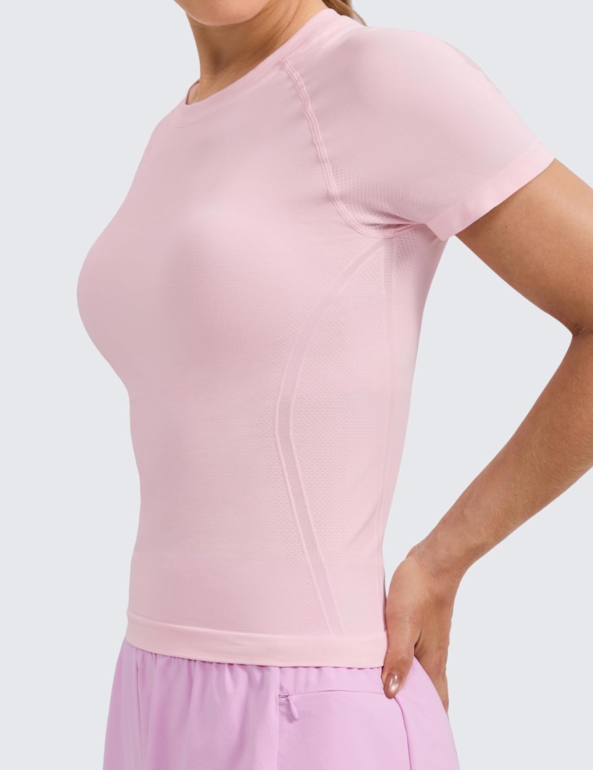 image:imageCRZ YOGA Seamless Workout Tops for Women Waist Length Running Gym Athletic Yoga Short Sleeve Shirts Breathable CrewneckStrawberry Pink