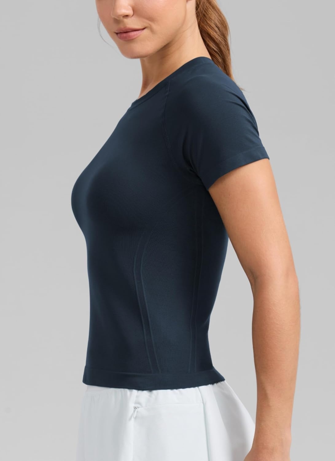 image:imageCRZ YOGA Seamless Workout Tops for Women Waist Length Running Gym Athletic Yoga Short Sleeve Shirts Breathable CrewneckTwilight Blue
