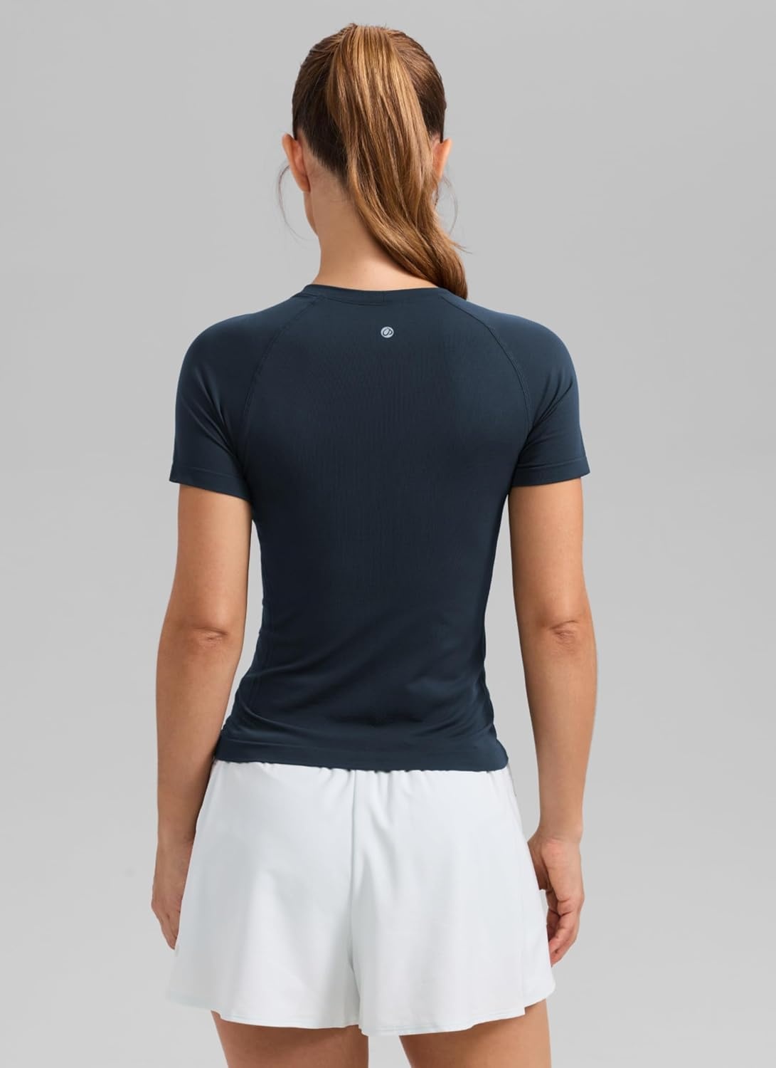 image:imageCRZ YOGA Seamless Workout Tops for Women Waist Length Running Gym Athletic Yoga Short Sleeve Shirts Breathable CrewneckTwilight Blue