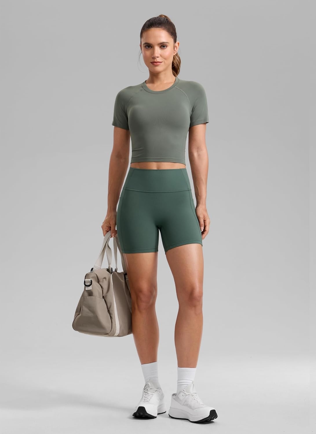 image:imageCRZ YOGA Secretsculpt Butterlift Biker Shorts Pockets 5 No Front Seam Womens High Waist Workout Booty Scrunch ButtDark Forest Green