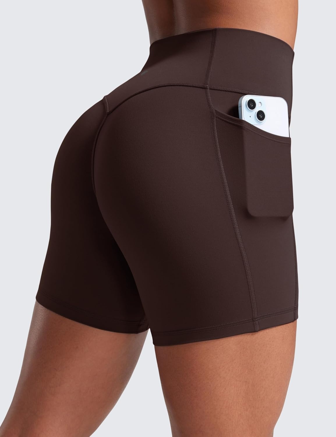 image:imageCRZ YOGA Secretsculpt Butterlift Biker Shorts Pockets 5 No Front Seam Womens High Waist Workout Booty Scrunch ButtHot Fudge Brown
