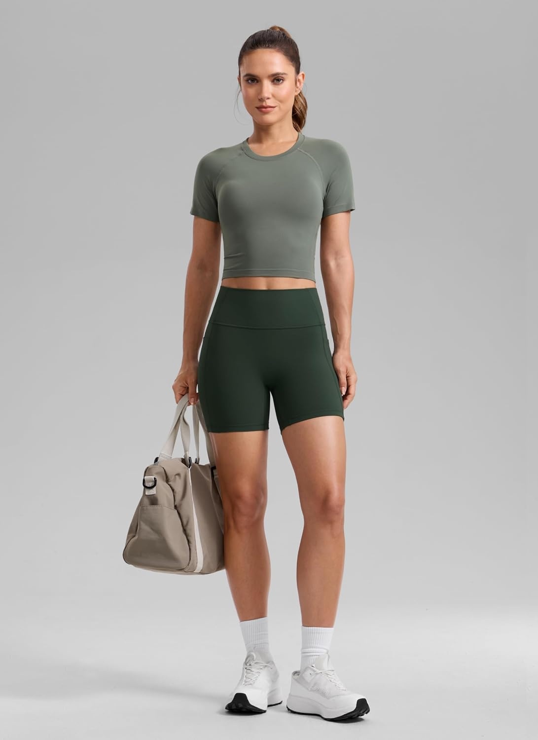image:imageCRZ YOGA Secretsculpt Butterlift Biker Shorts Pockets 5 No Front Seam Womens High Waist Workout Booty Scrunch ButtLegend Green