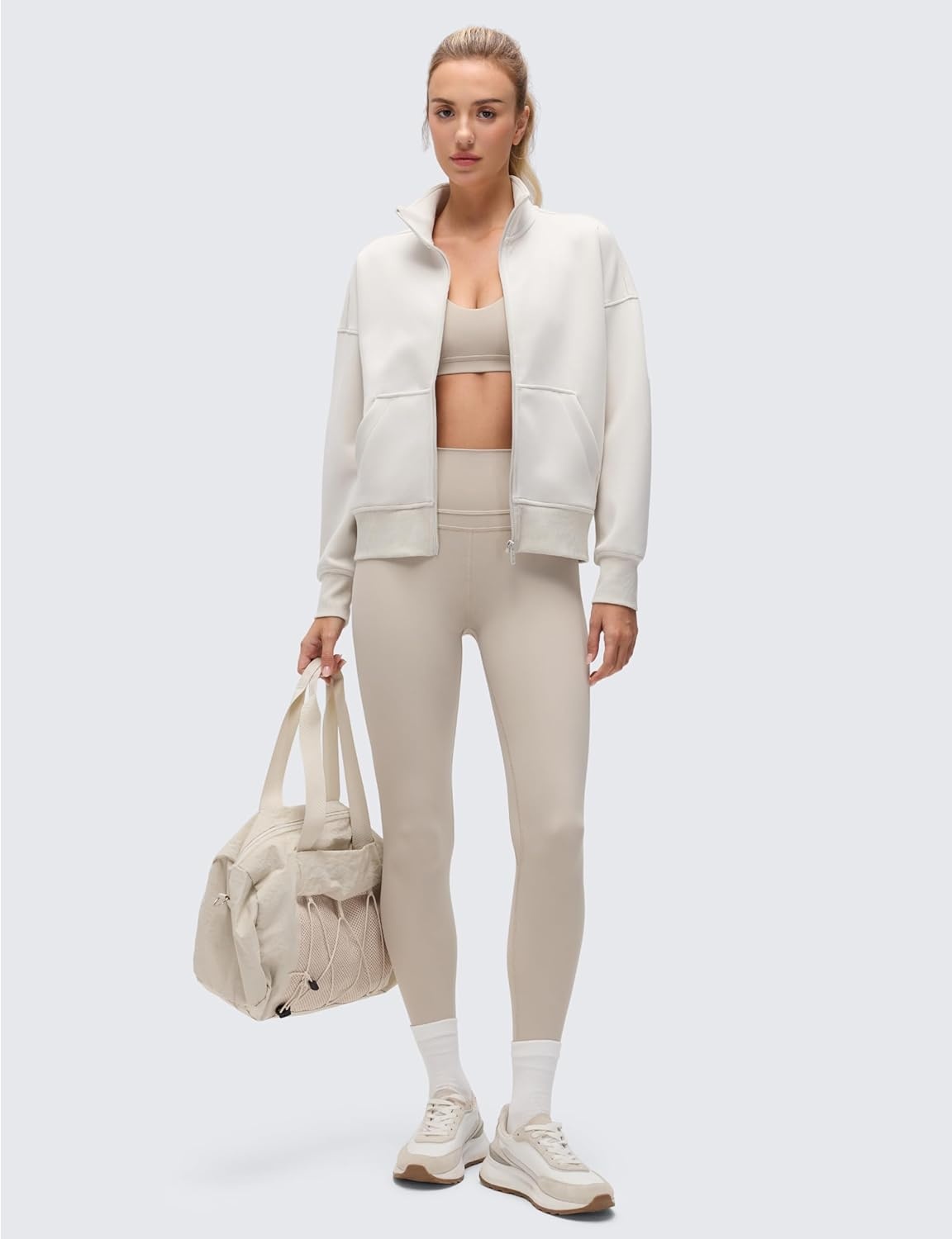 image:imageCRZ YOGA SoftAura Full Zip Sweatshirt for Women Workout Casual Zipper Funnel Neck Sweat Shirts Jackets with PocketsMilky White Bone