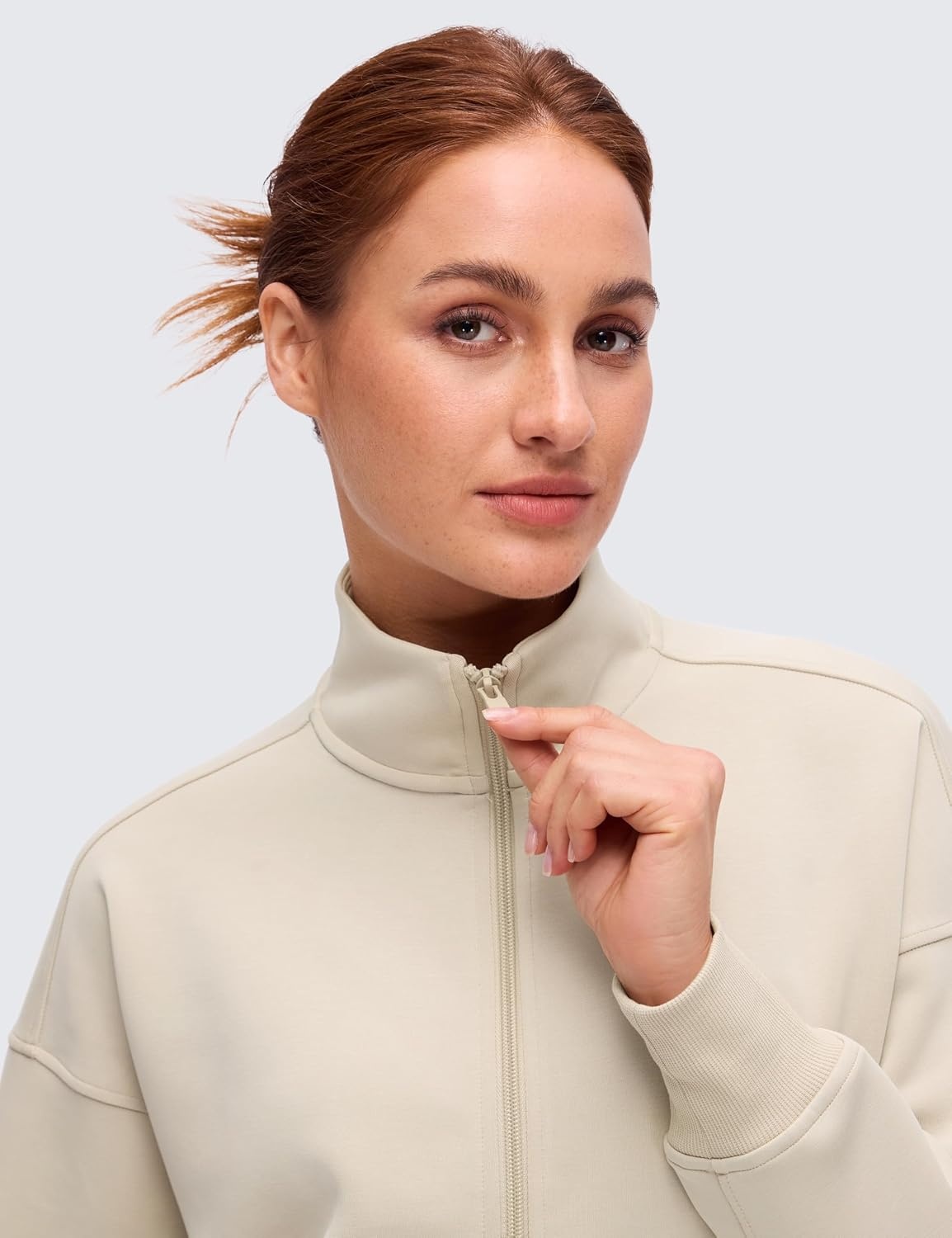 image:imageCRZ YOGA SoftAura Full Zip Sweatshirt for Women Workout Casual Zipper Funnel Neck Sweat Shirts Jackets with PocketsMojave Tan