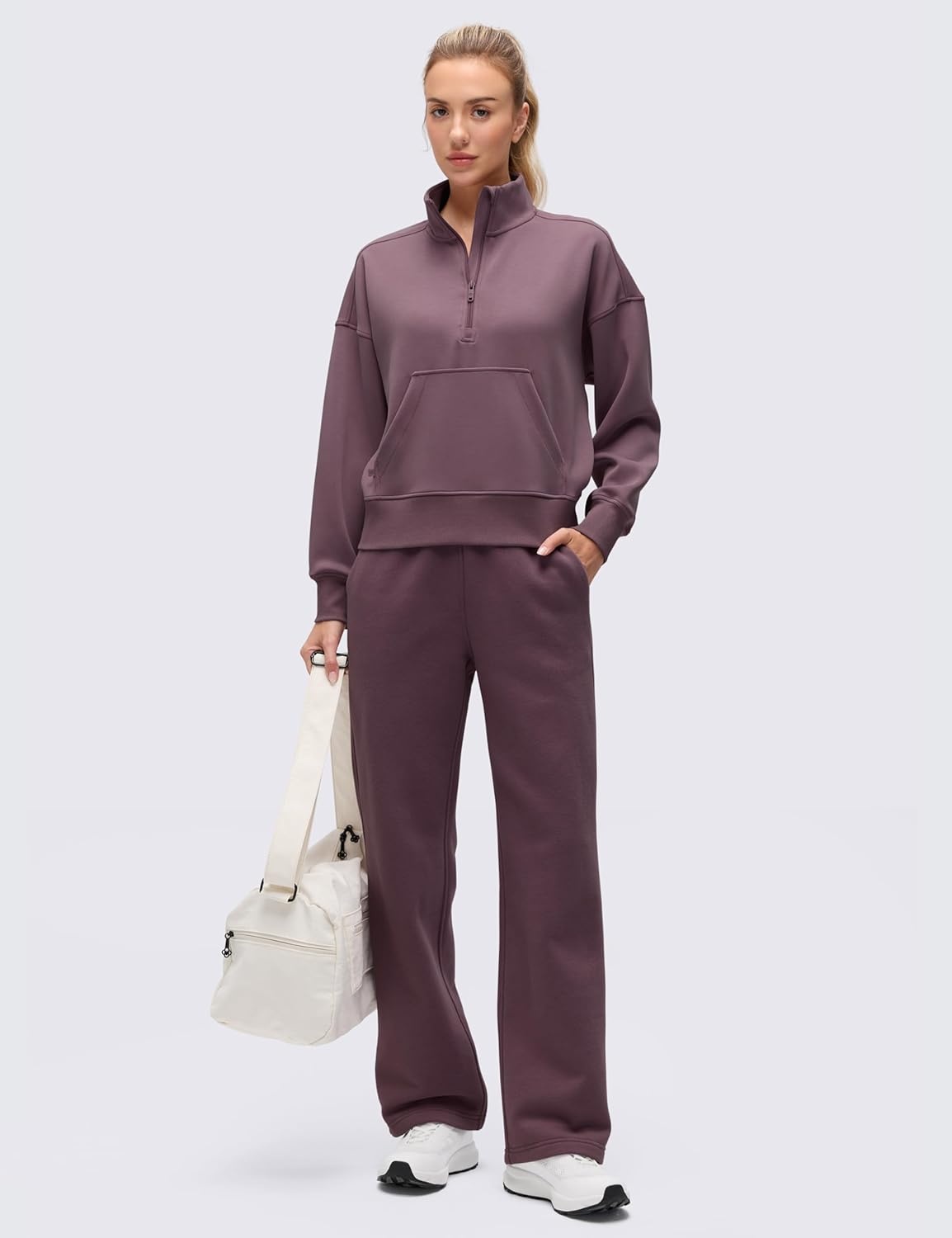 image:imageCRZ YOGA SoftAura Half Zip Sweatshirt for Women Pullover Workout Casual Funnel Neck Sweat Shirts with PocketLight Ripe Plum