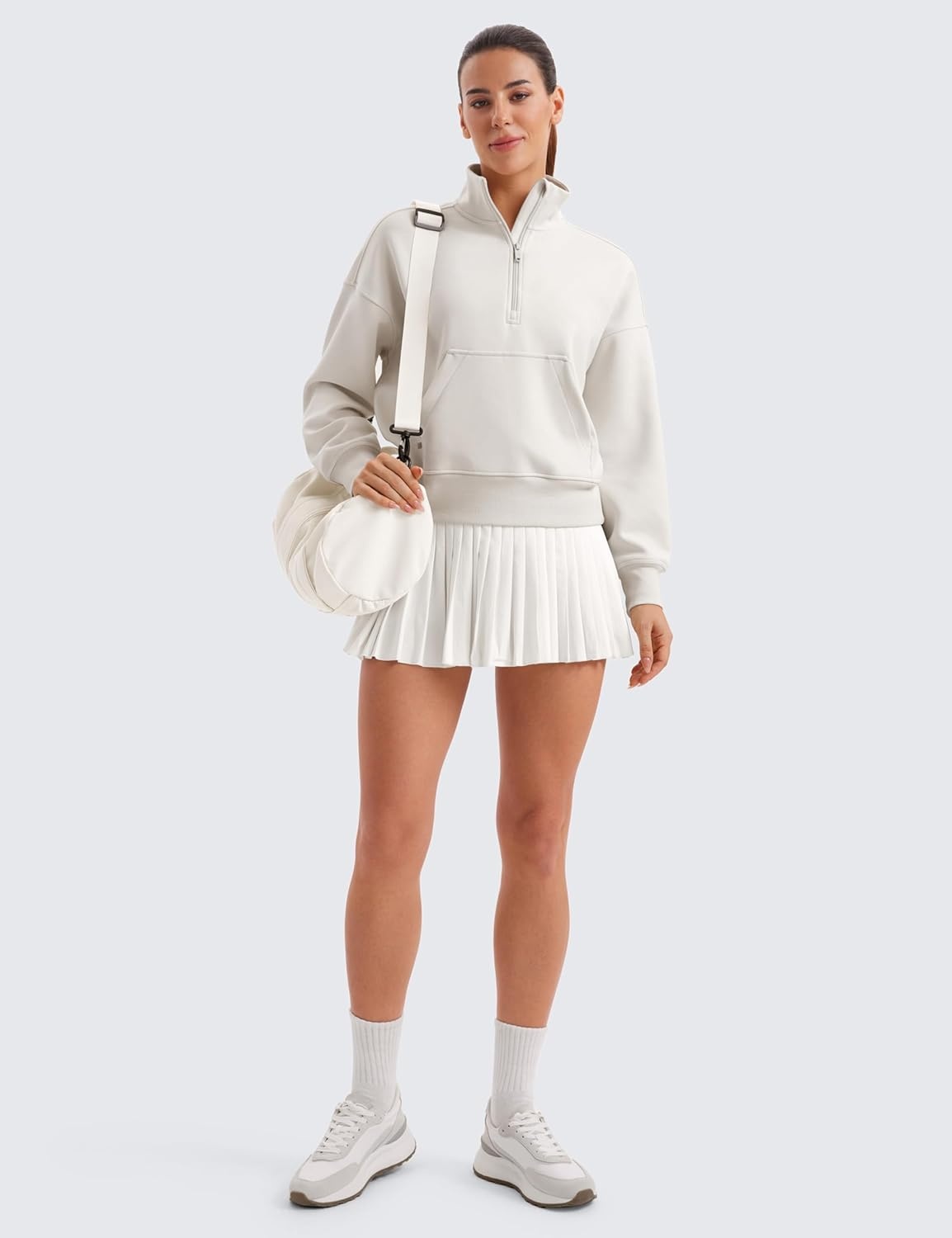 image:imageCRZ YOGA SoftAura Half Zip Sweatshirt for Women Pullover Workout Casual Funnel Neck Sweat Shirts with PocketMilky White Bone