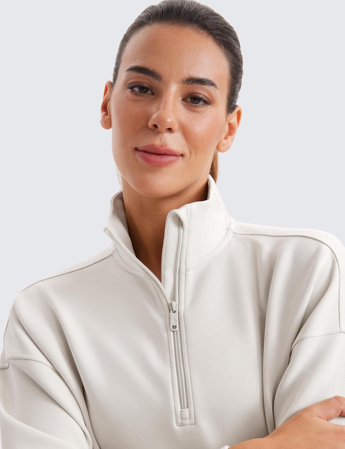image:imageCRZ YOGA SoftAura Half Zip Sweatshirt for Women Pullover Workout Casual Funnel Neck Sweat Shirts with PocketMilky White Bone