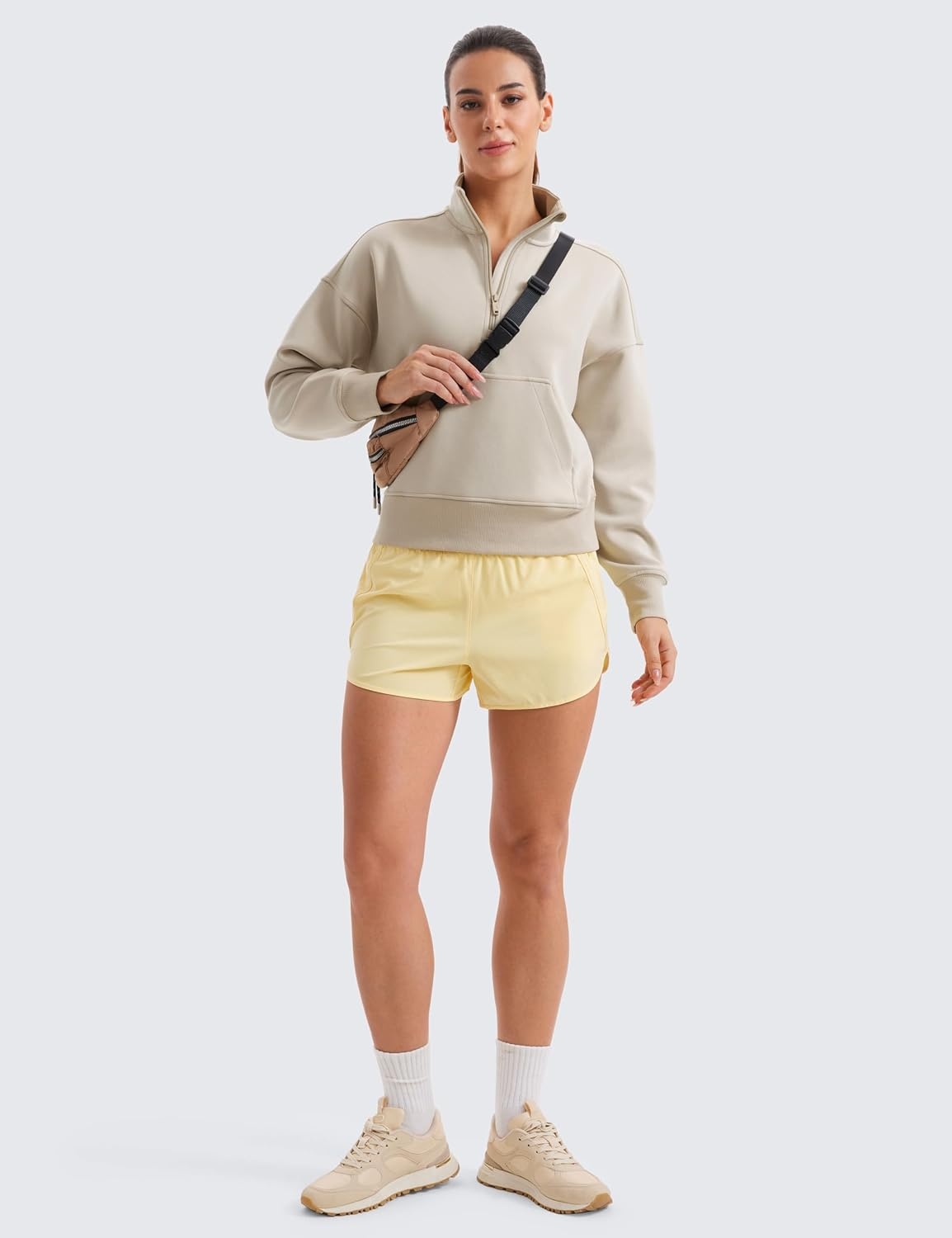image:imageCRZ YOGA SoftAura Half Zip Sweatshirt for Women Pullover Workout Casual Funnel Neck Sweat Shirts with PocketMojave Tan